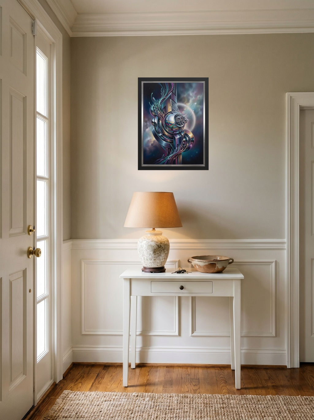 A 18x24 inch black framed Surrealism print of 'The Clockwork Aviator' hanging in an entryway near a console.