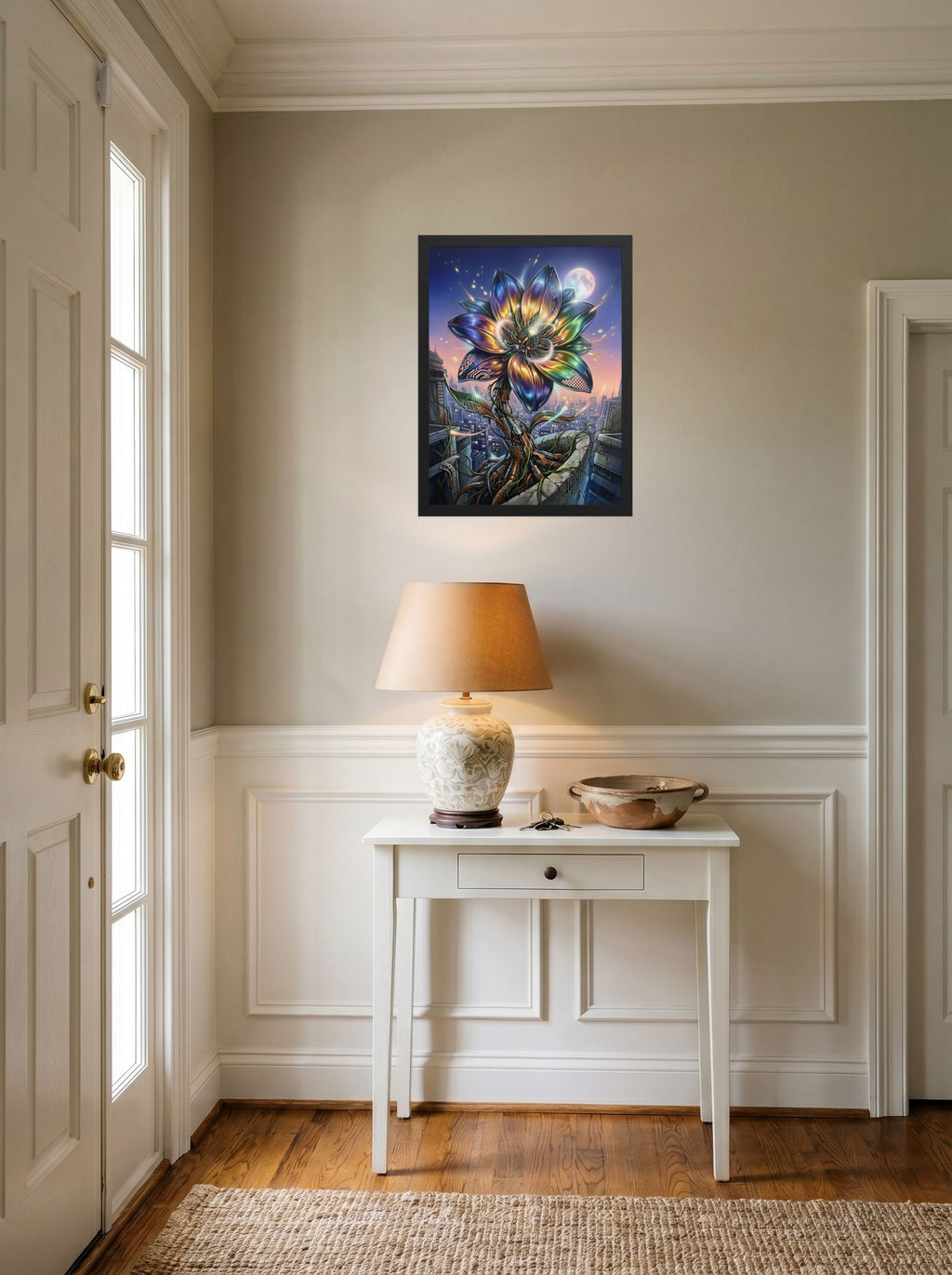 A 18x24 inch black framed Digital art print of 'Cybernetic Bloom' hanging in an entryway near a console.