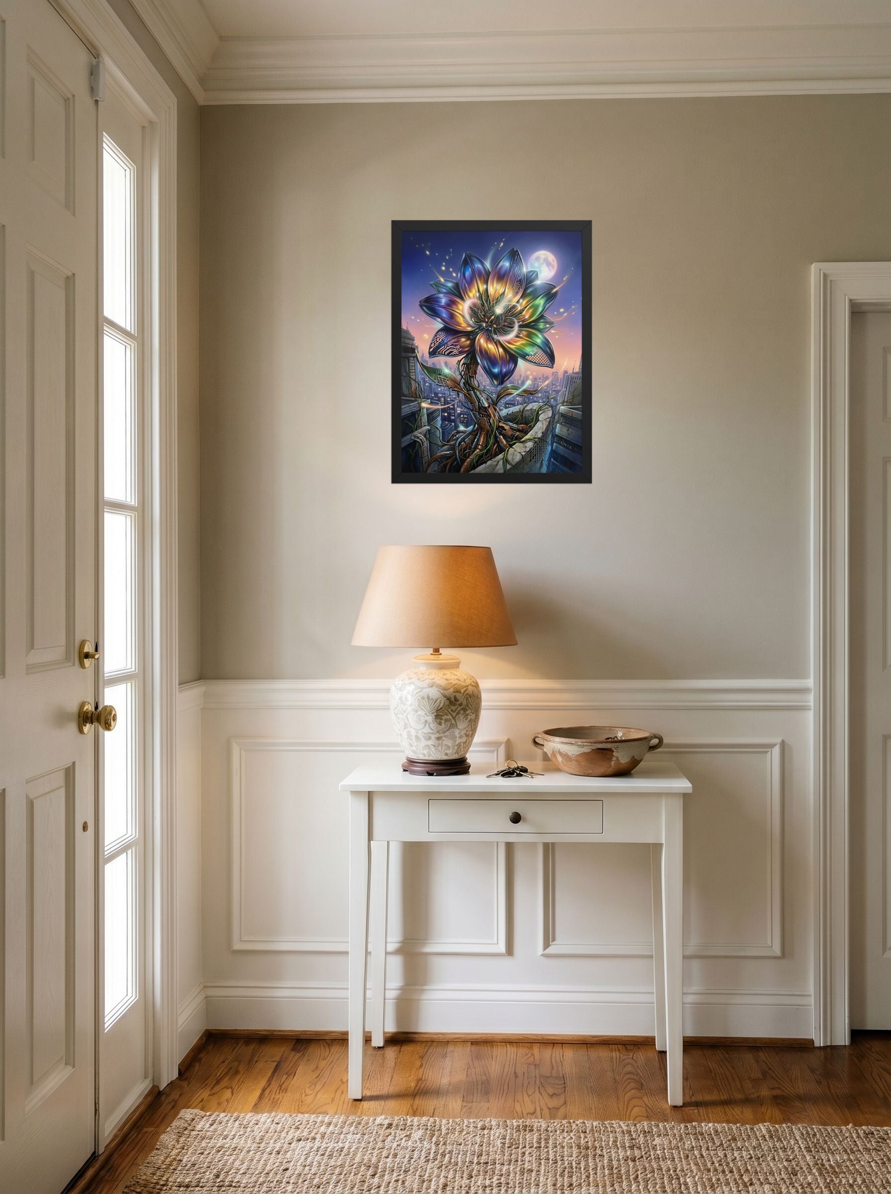 A 18x24 inch black framed Digital art print of 'Cybernetic Bloom' hanging in an entryway near a console.
