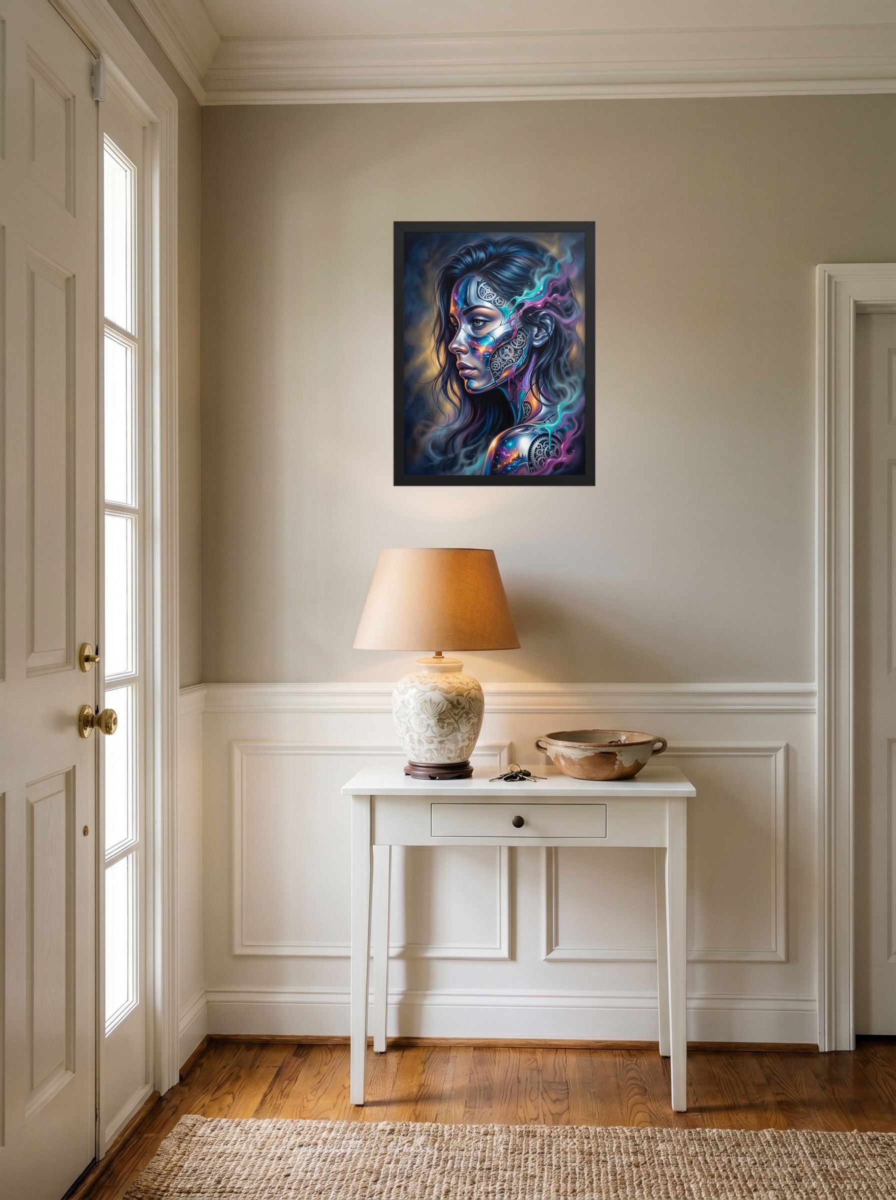 A 18x24 inch black framed Surrealism print of 'Cosmic Clockwork' hanging in an entryway near a console.