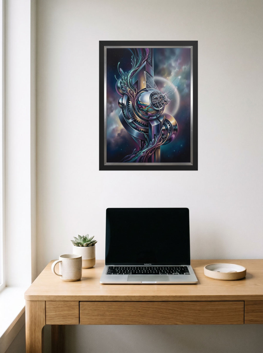 A 18x24 inch black framed Surrealism print of 'The Clockwork Aviator' hanging above a worktable with a laptop.