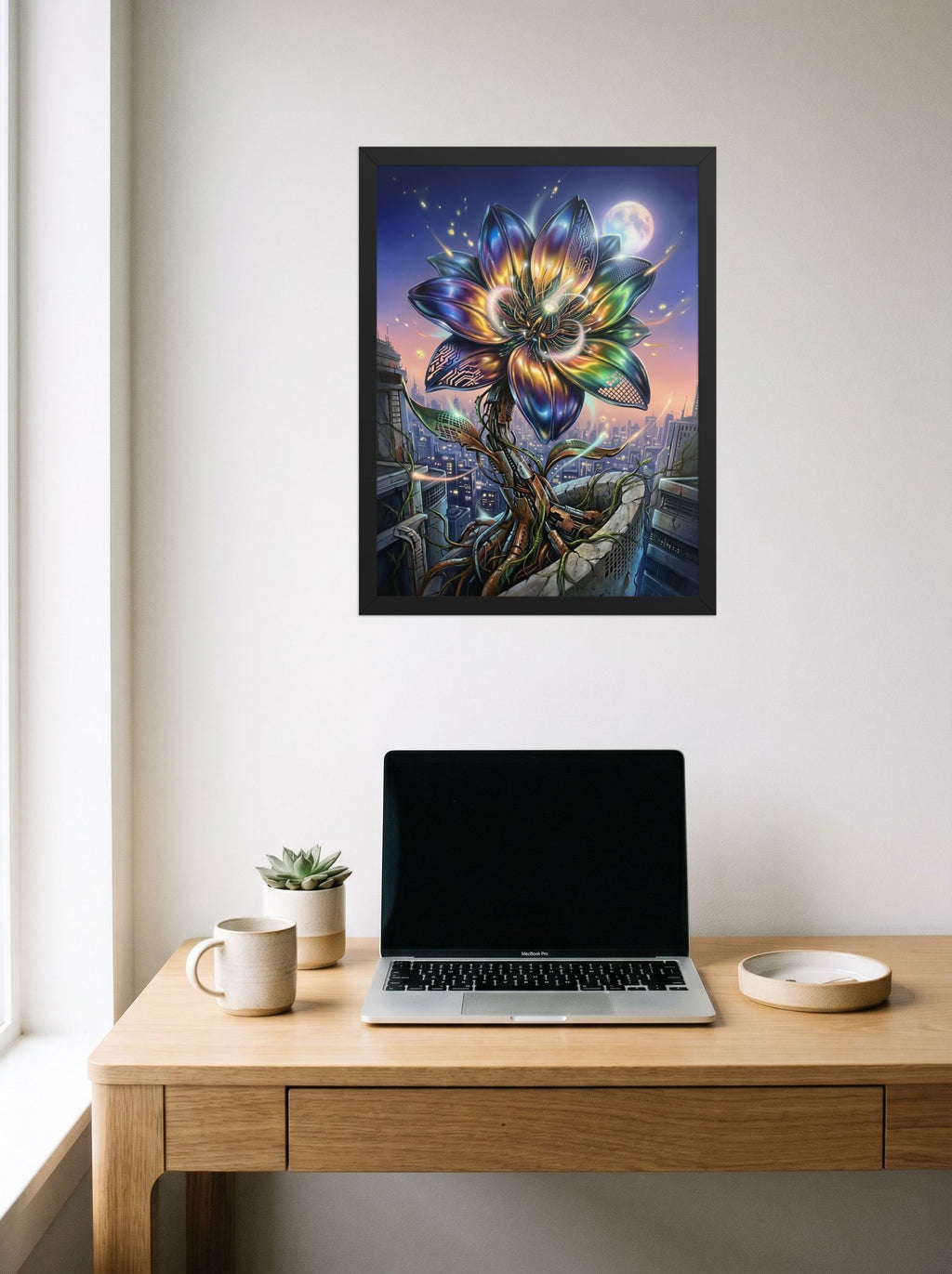 A 18x24 inch black framed Digital art print of 'Cybernetic Bloom' hanging above a worktable with a laptop.