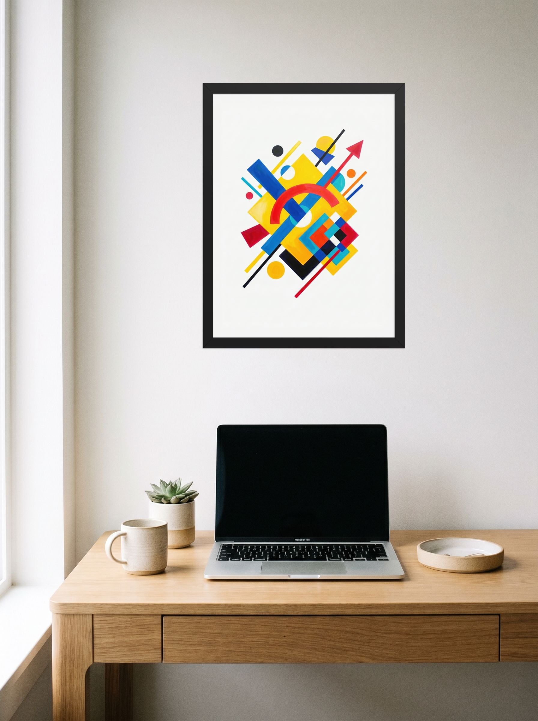 A 18x24 inch black framed Suprematism print of 'Directional Energy' hanging above a worktable with a laptop.