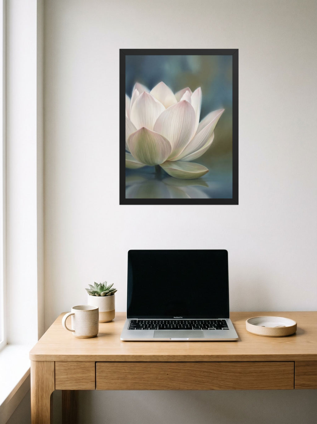 A 18x24 inch black framed Realism print of 'Serene Lotus Reflection' hanging above a worktable with a laptop.