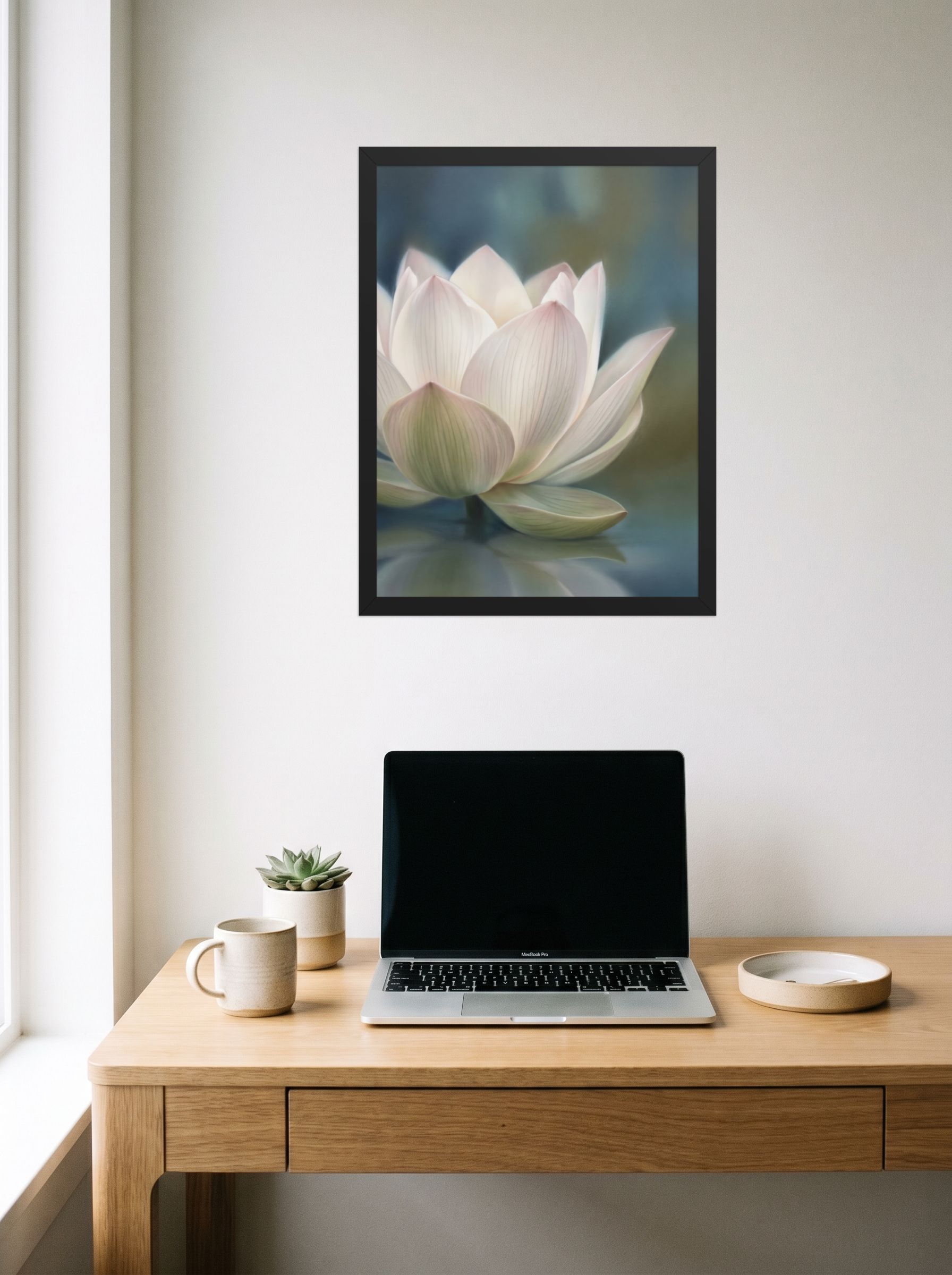 A 18x24 inch black framed Realism print of 'Serene Lotus Reflection' hanging above a worktable with a laptop.