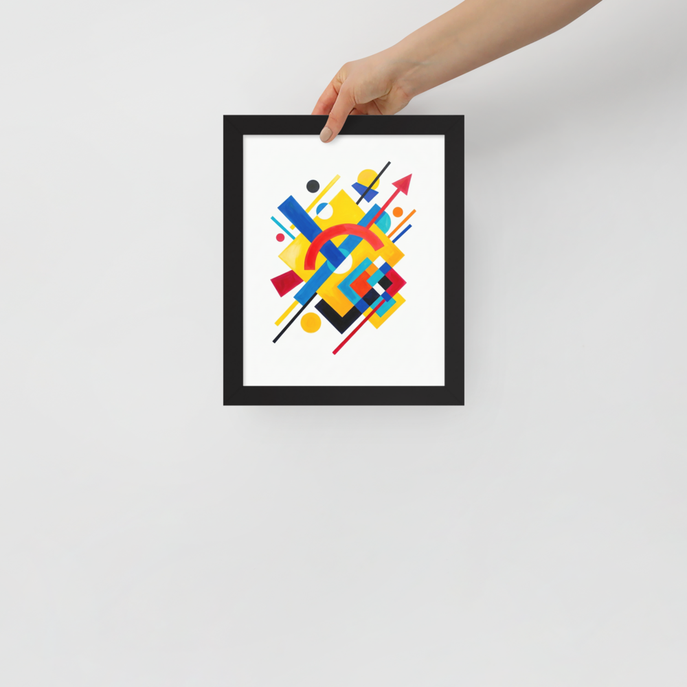 'Directional Energy' — a Suprematism print. A vivid abstract painting featuring overlapping geometric shapes like rectangles, circles, and an arrow in primary colors, a bold addition to a Living Room.