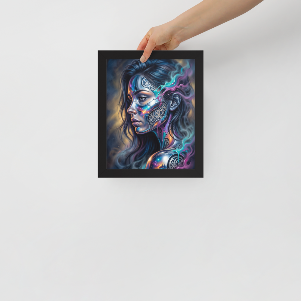 'Cosmic Clockwork' — a Surrealism print. A surreal cyberpunk portrait of a woman with gears and galaxies inside her face for a game room, framed by glowing teal and pink smoke.