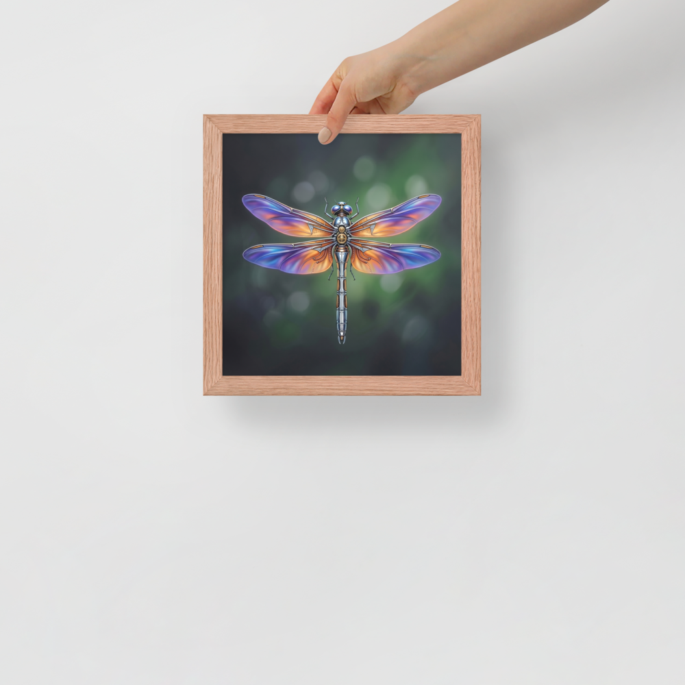 'Gears of the Dragonfly' — a Surrealism print. A highly detailed mechanical dragonfly with glowing purple and orange wings and brass gears on its back, set against a dark green background, perfect for a Living Room.