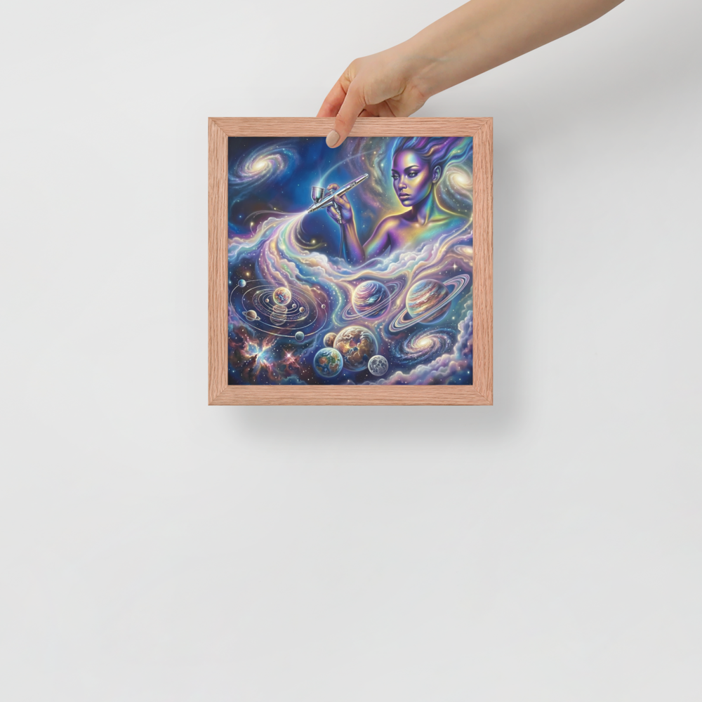 'The Cosmic Painter' — a Space art print. A glowing, ethereal woman painting planets and galaxies into a vibrant cosmic sky using an airbrush, a stunning focal point for a Bedroom.