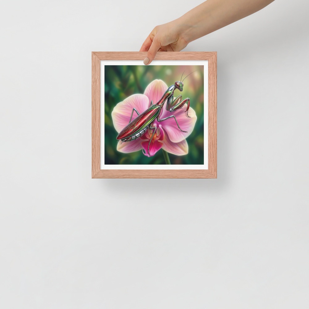 'Chrome Mantis' — a Surrealism print. A vibrant illustration of a metallic praying mantis painted like a hot rod in cherry red and chrome sitting on a pink orchid, perfect for a studio.