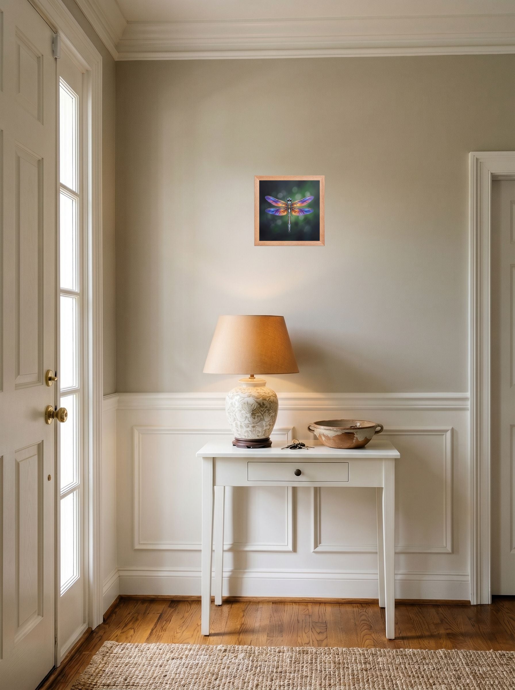 A 10x10 inch redoak framed Surrealism print of 'Gears of the Dragonfly' hanging in an entryway near a console.