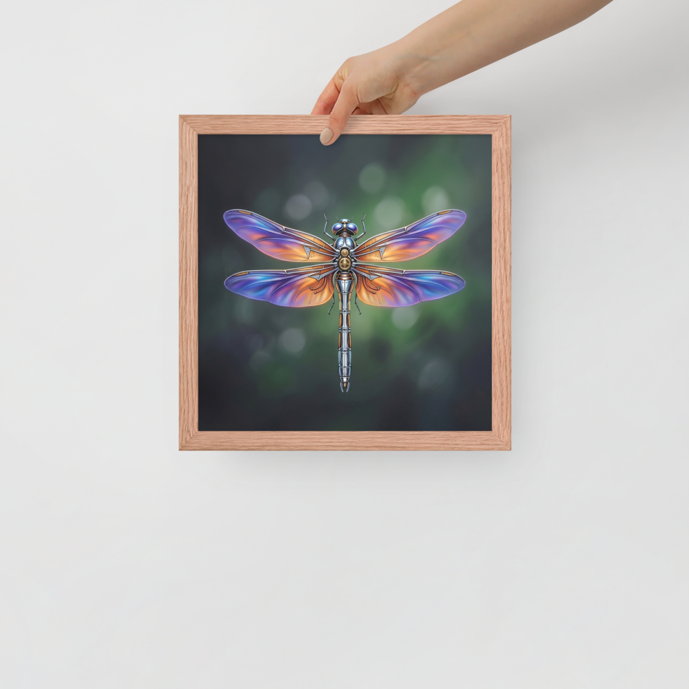 'Gears of the Dragonfly' — a Surrealism print. A highly detailed mechanical dragonfly with glowing purple and orange wings and brass gears on its back, set against a dark green background, perfect for a Living Room.