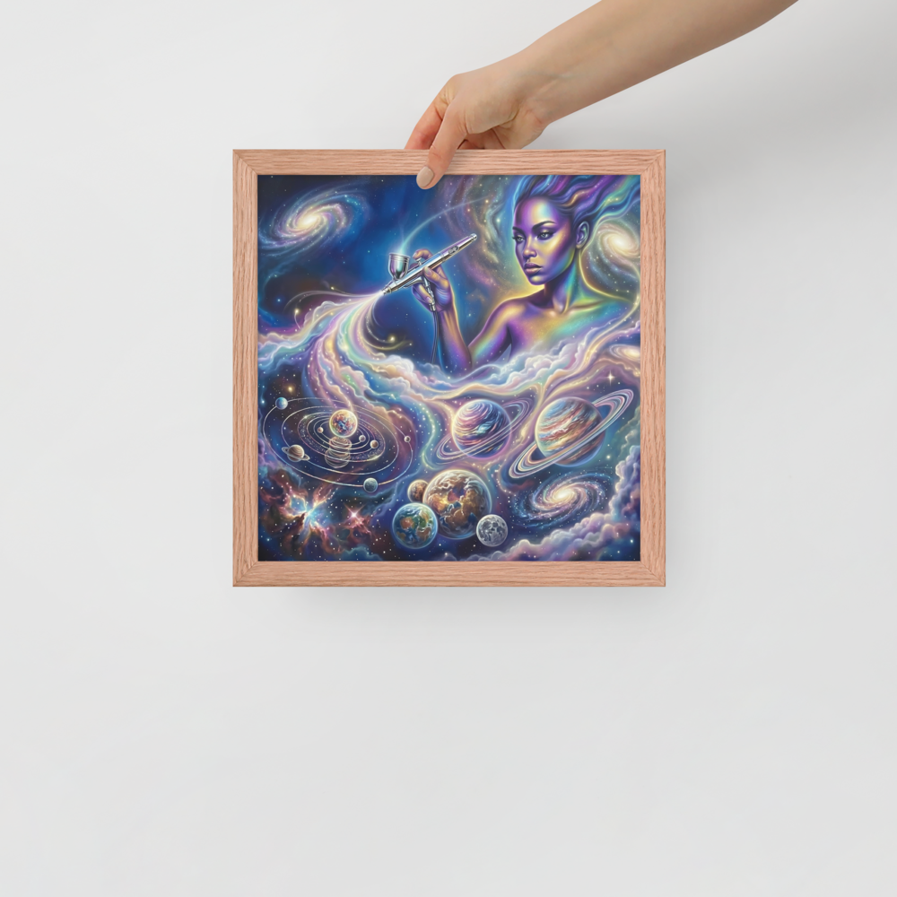 'The Cosmic Painter' — a Space art print. A glowing, ethereal woman painting planets and galaxies into a vibrant cosmic sky using an airbrush, a stunning focal point for a Bedroom.