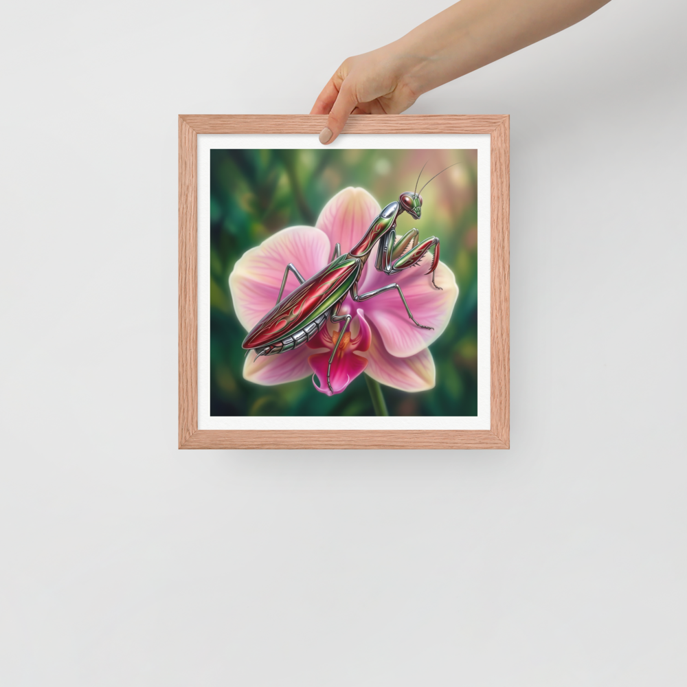 'Chrome Mantis' — a Surrealism print. A vibrant illustration of a metallic praying mantis painted like a hot rod in cherry red and chrome sitting on a pink orchid, perfect for a studio.