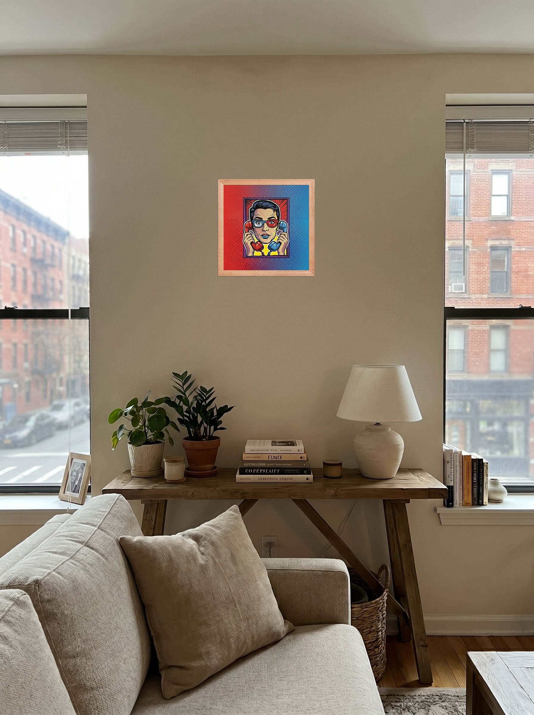 A 12x12 inch redoak framed Pop art print of 'Bipartisan Static' displayed in the center of a living room.