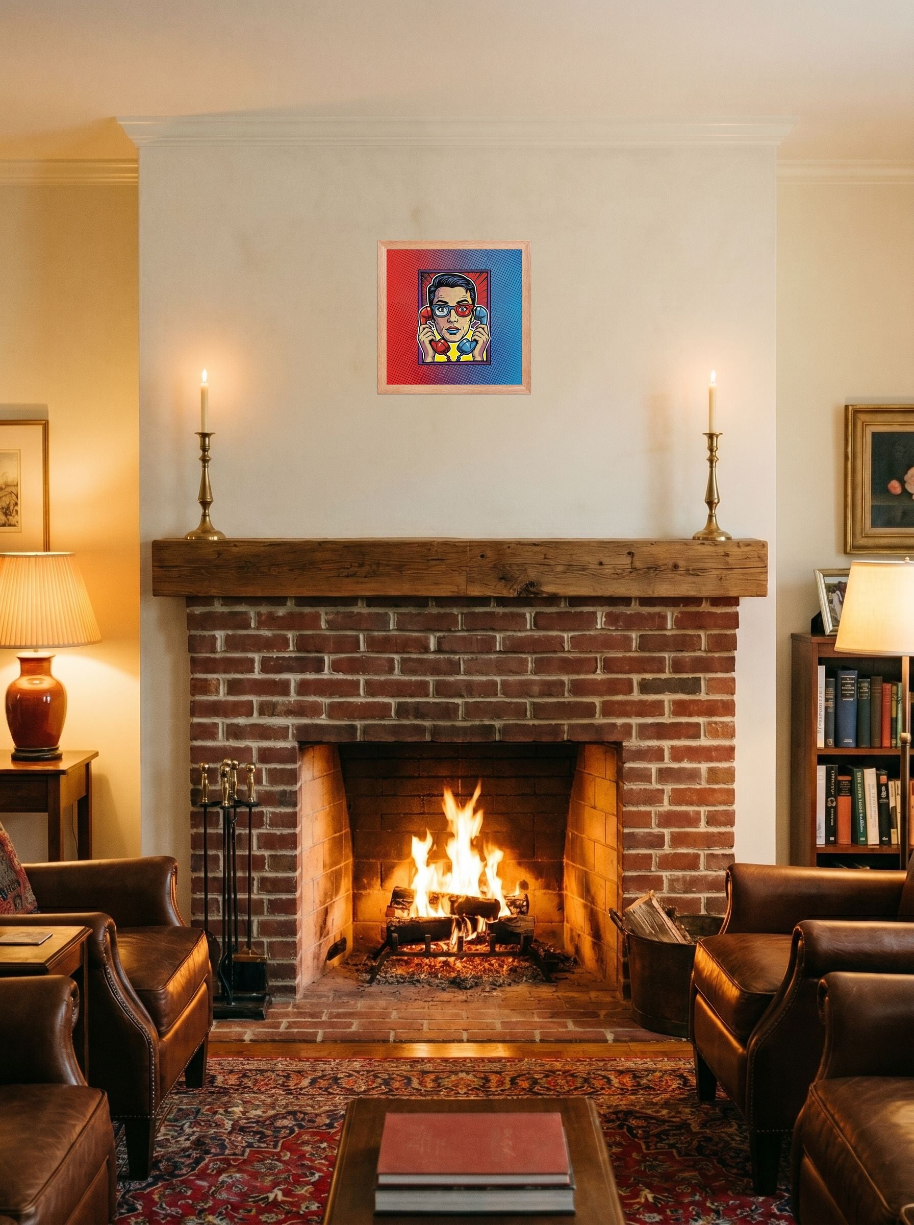 A 12x12 inch redoak framed Pop art print of 'Bipartisan Static' displayed above a fireplace.