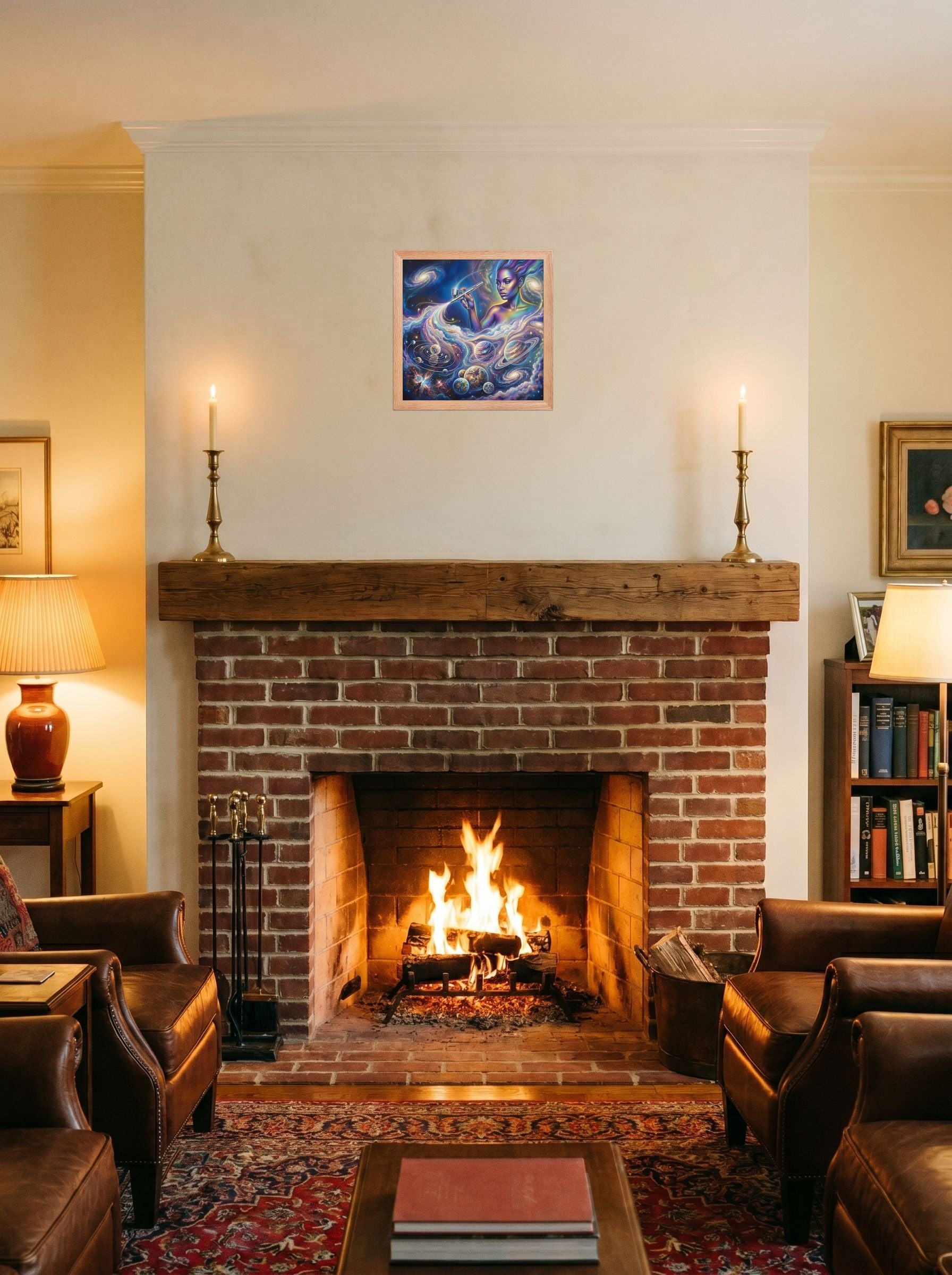 A 12x12 inch redoak framed Space art print of 'The Cosmic Painter' displayed above a fireplace.