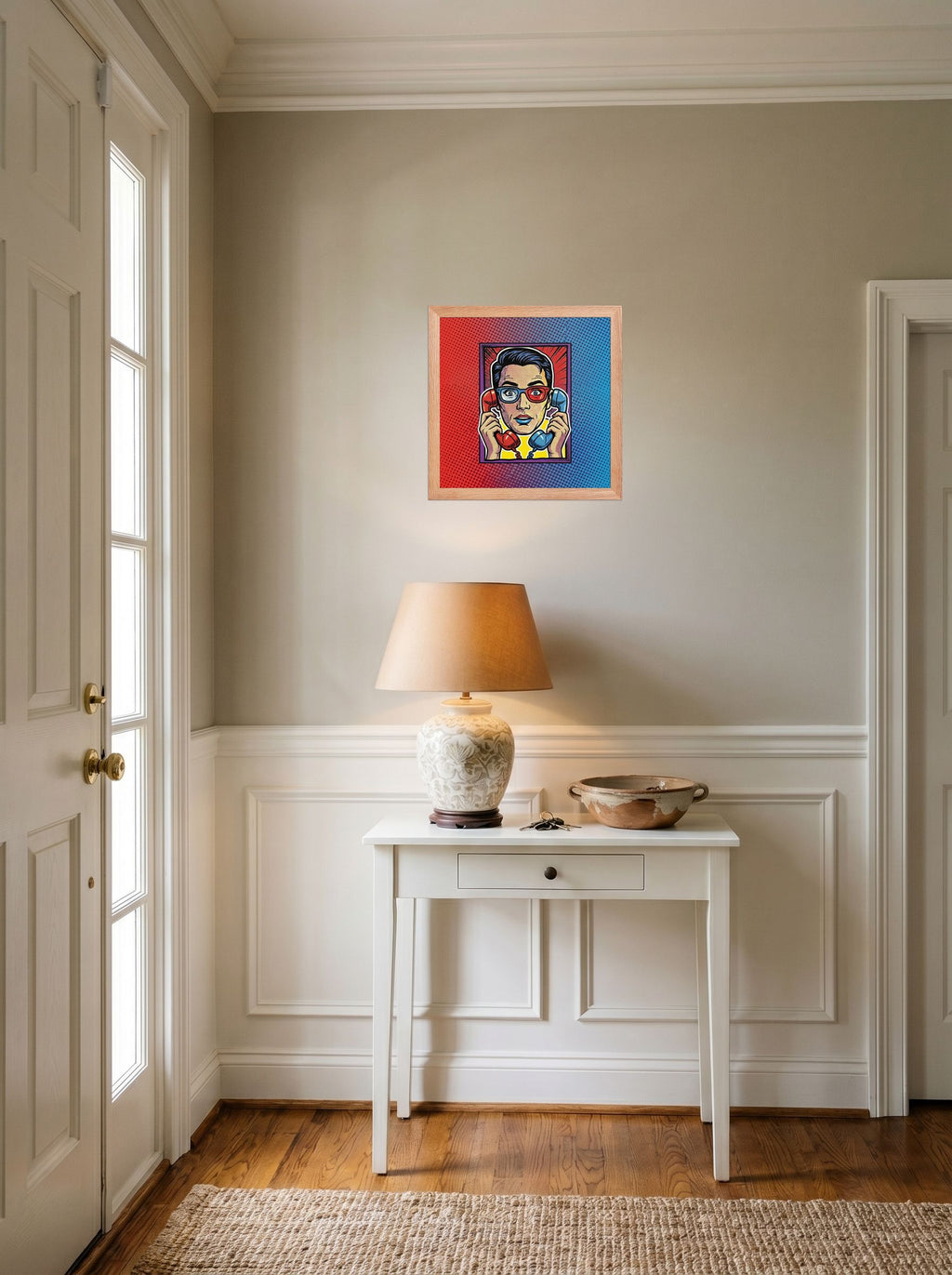 A 12x12 inch redoak framed Pop art print of 'Bipartisan Static' hanging in an entryway near a console.