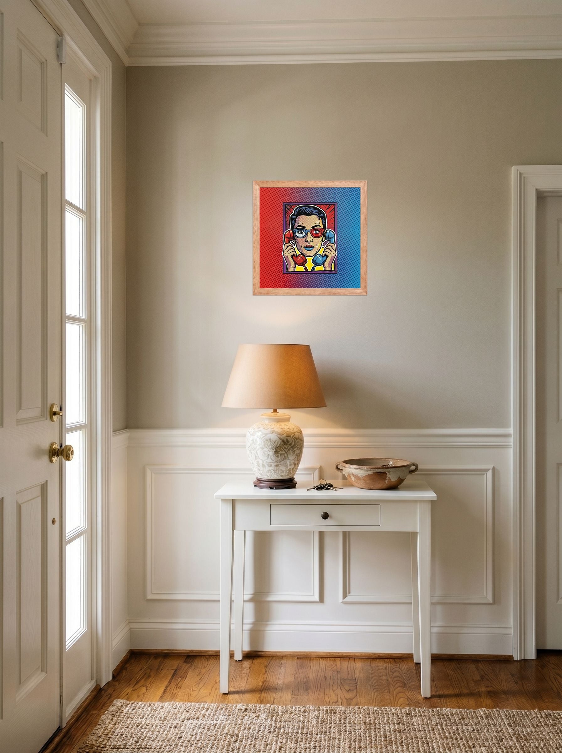 A 12x12 inch redoak framed Pop art print of 'Bipartisan Static' hanging in an entryway near a console.