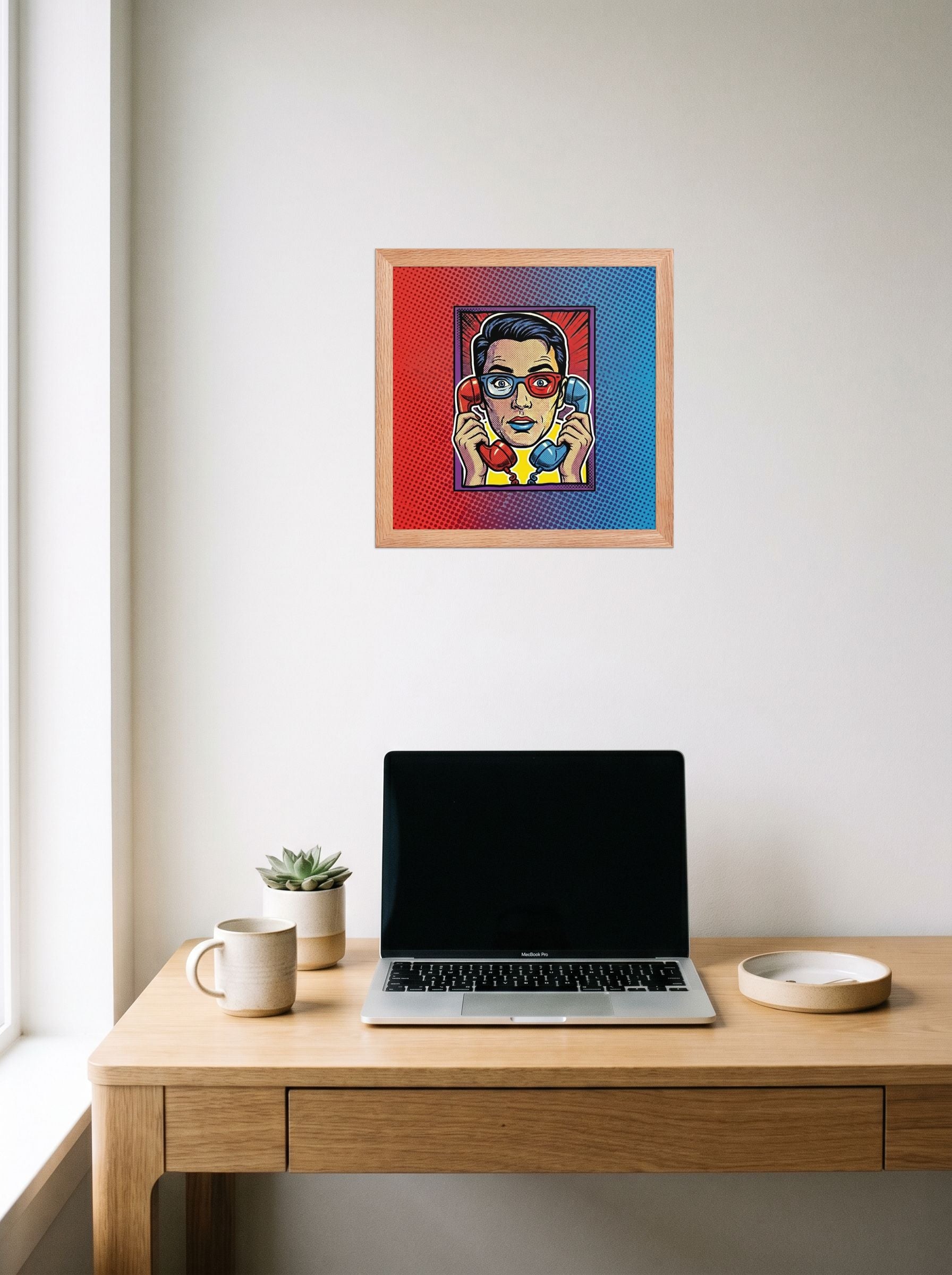 A 12x12 inch redoak framed Pop art print of 'Bipartisan Static' hanging above a worktable with a laptop.