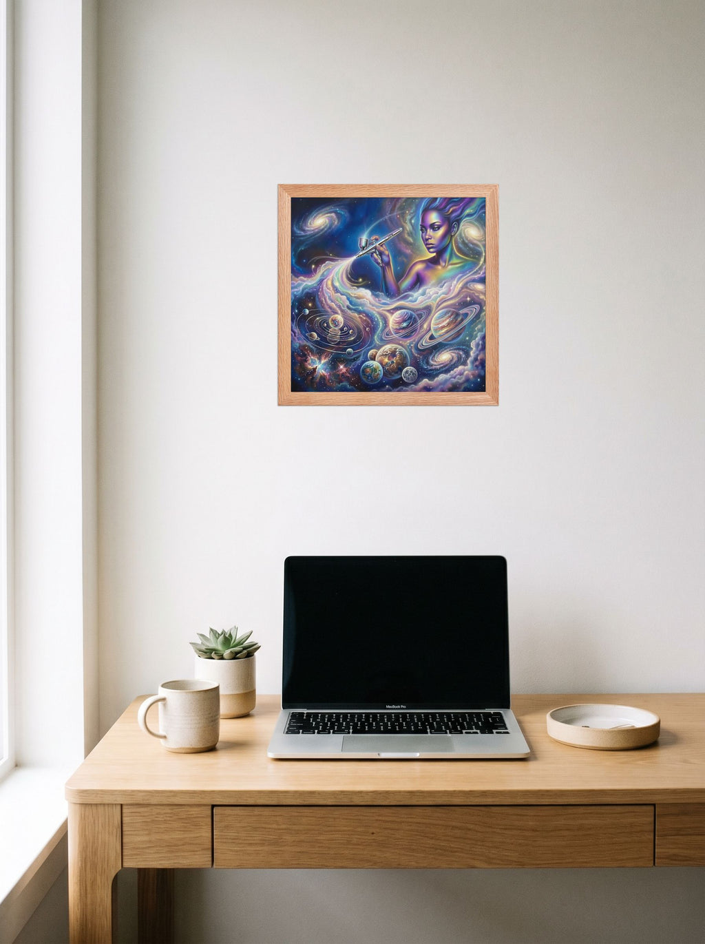 A 12x12 inch redoak framed Space art print of 'The Cosmic Painter' hanging above a worktable with a laptop.