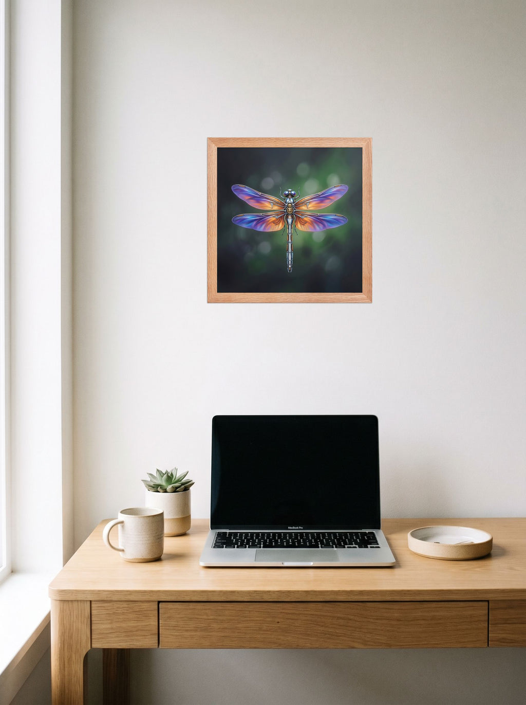 A 12x12 inch redoak framed Surrealism print of 'Gears of the Dragonfly' hanging above a worktable with a laptop.