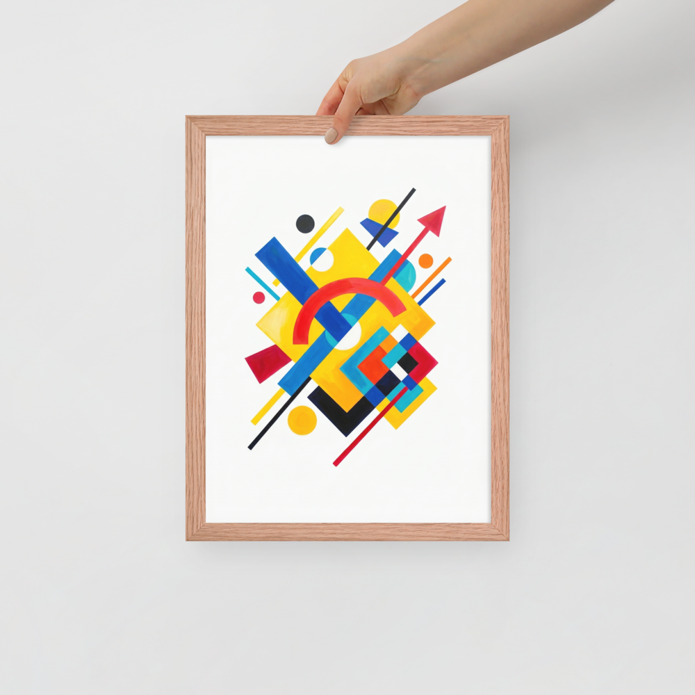 'Directional Energy' — a Suprematism print. A vivid abstract painting featuring overlapping geometric shapes like rectangles, circles, and an arrow in primary colors, a bold addition to a Living Room.