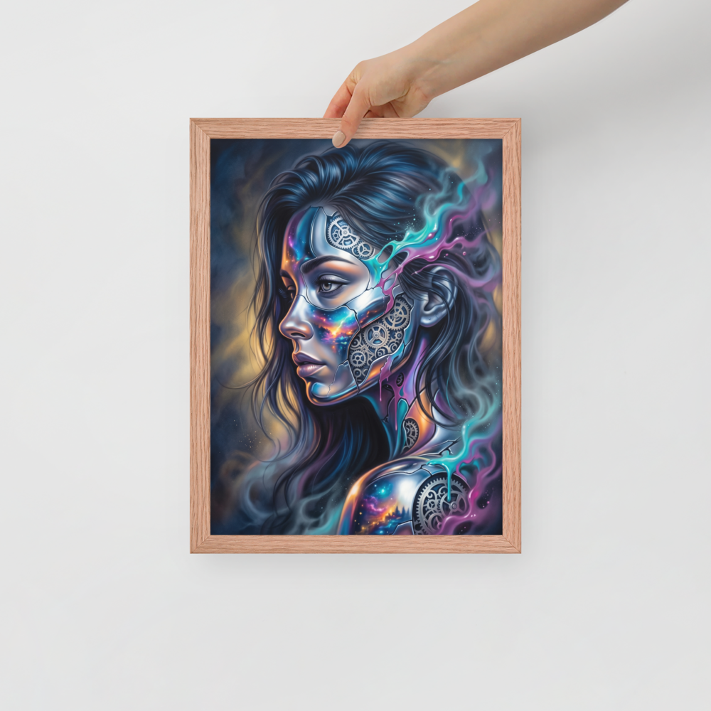 'Cosmic Clockwork' — a Surrealism print. A surreal cyberpunk portrait of a woman with gears and galaxies inside her face for a game room, framed by glowing teal and pink smoke.