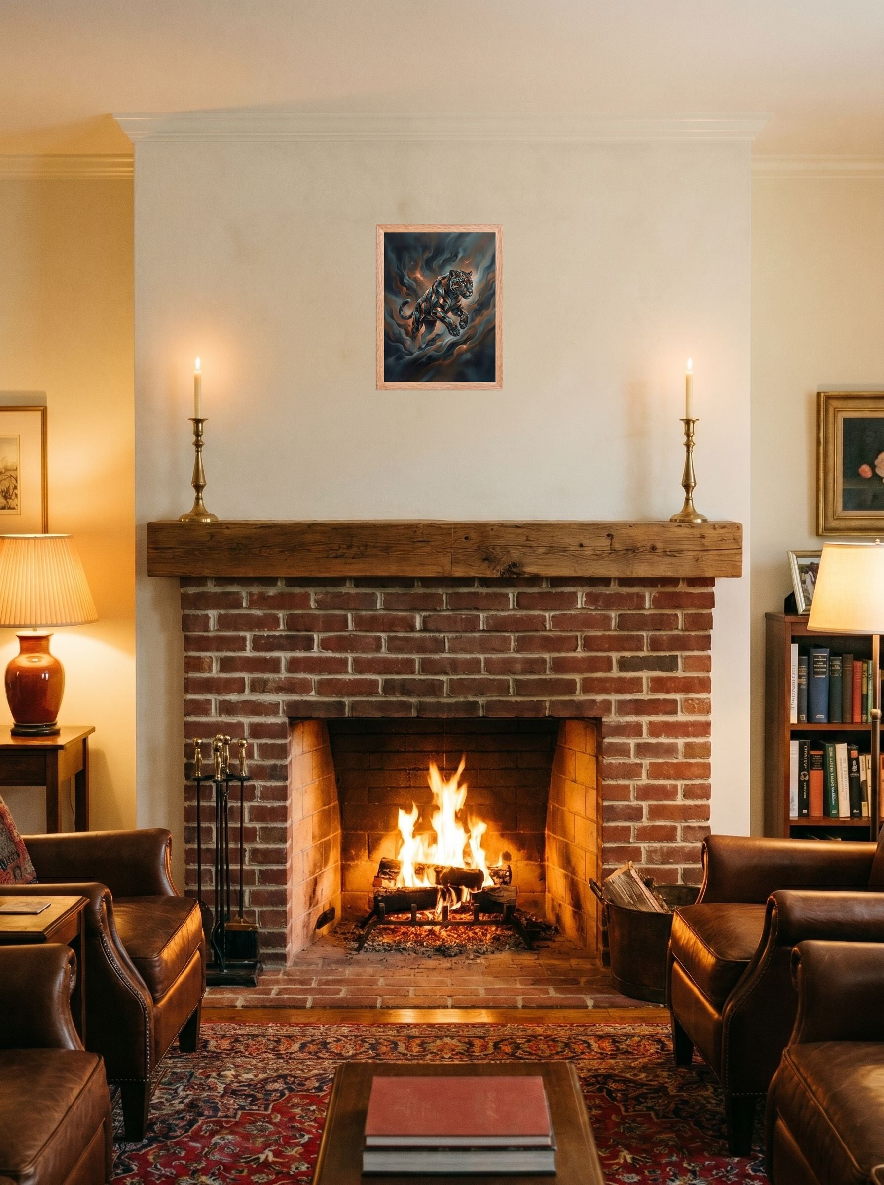 A 12x16 inch redoak framed Digital art print of 'Phantom Leap' displayed above a fireplace.