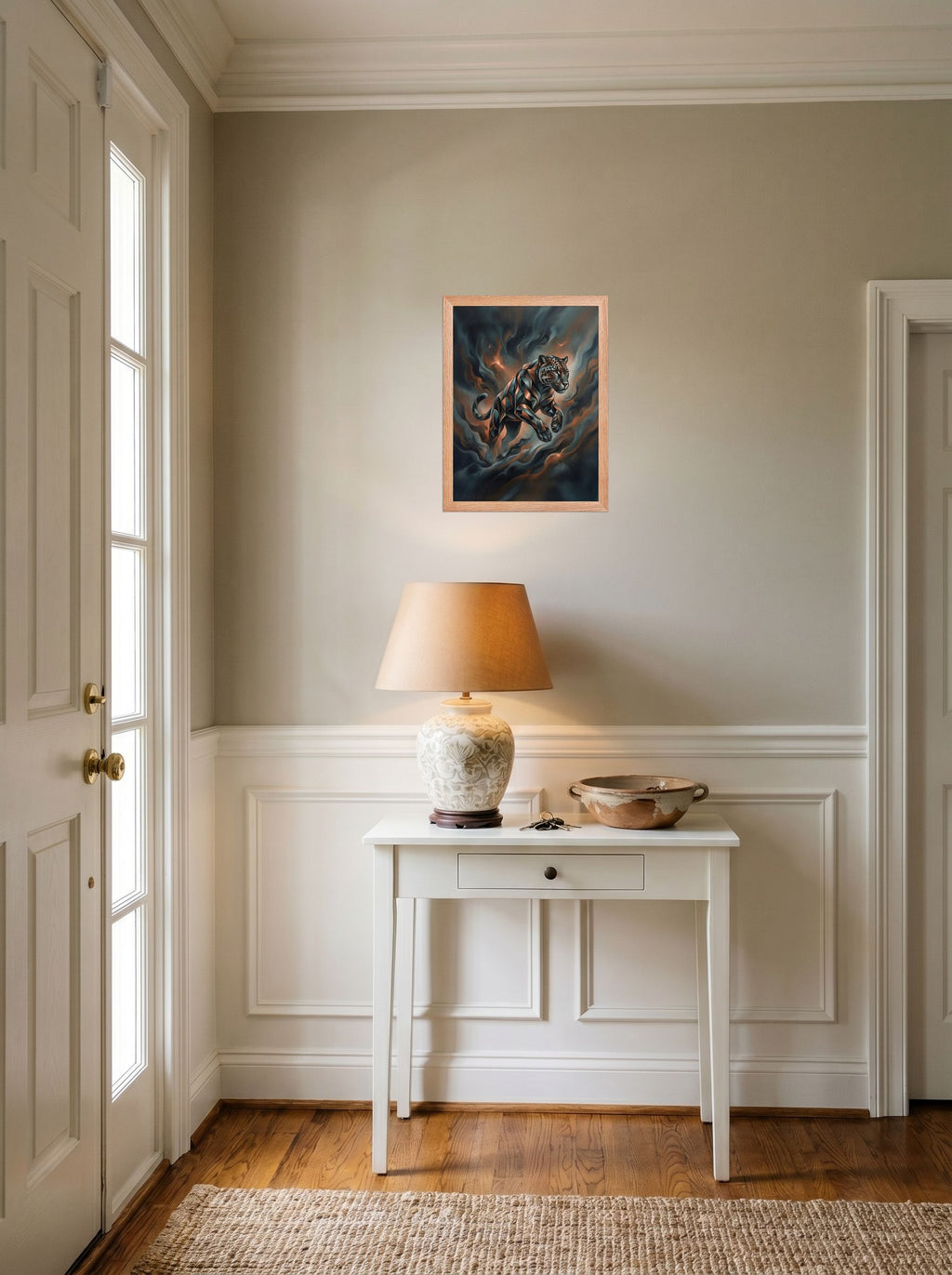 A 12x16 inch redoak framed Digital art print of 'Phantom Leap' hanging in an entryway near a console.