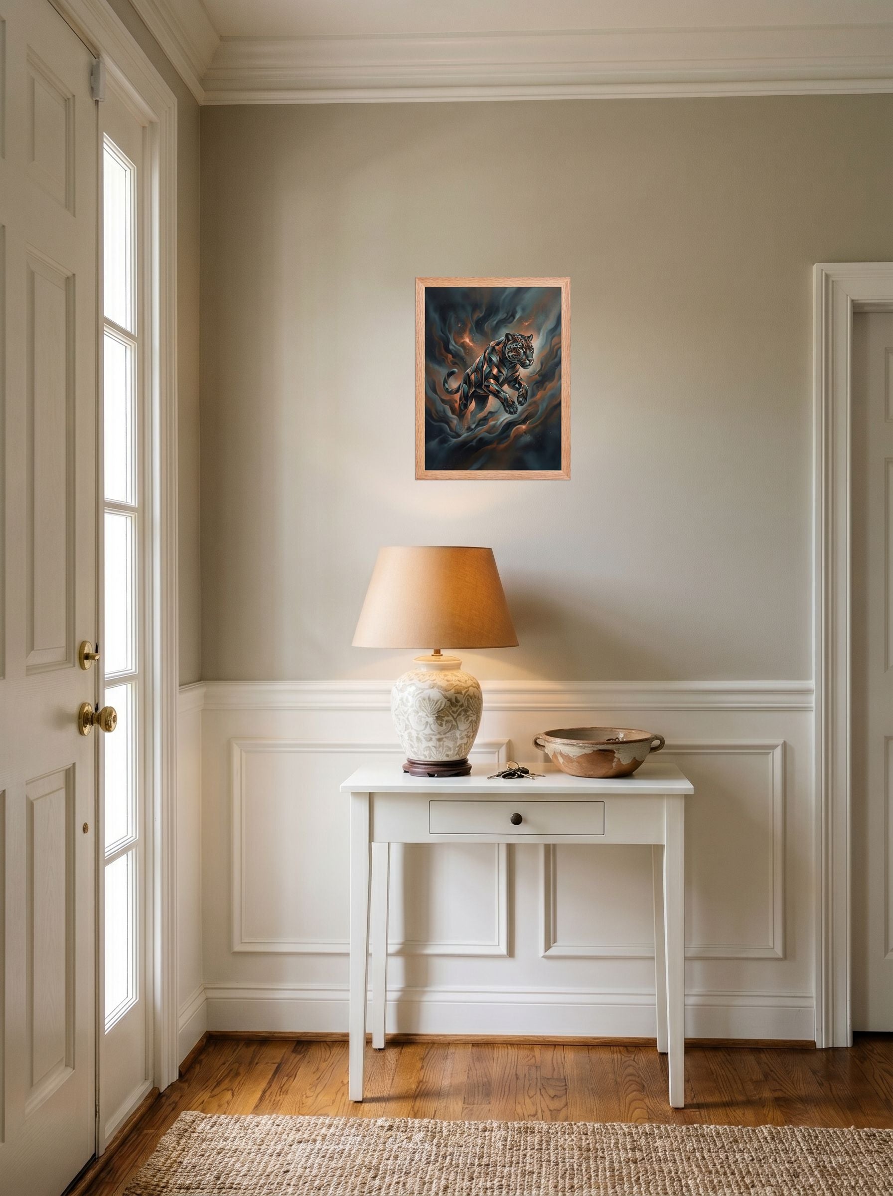 A 12x16 inch redoak framed Digital art print of 'Phantom Leap' hanging in an entryway near a console.
