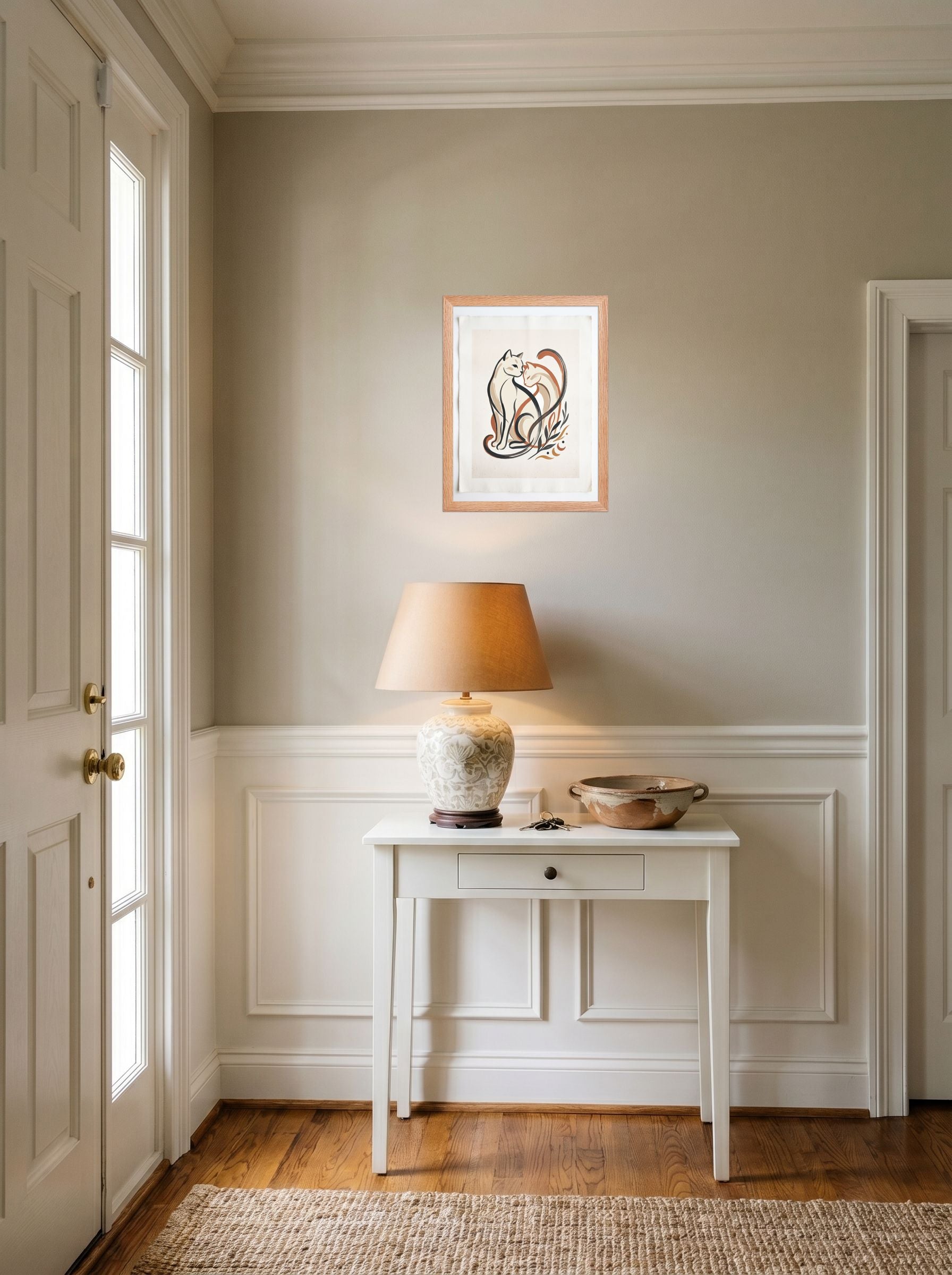 A 12x16 inch redoak framed Minimalism,Abstract art print of 'Feline Affection' hanging in an entryway near a console.