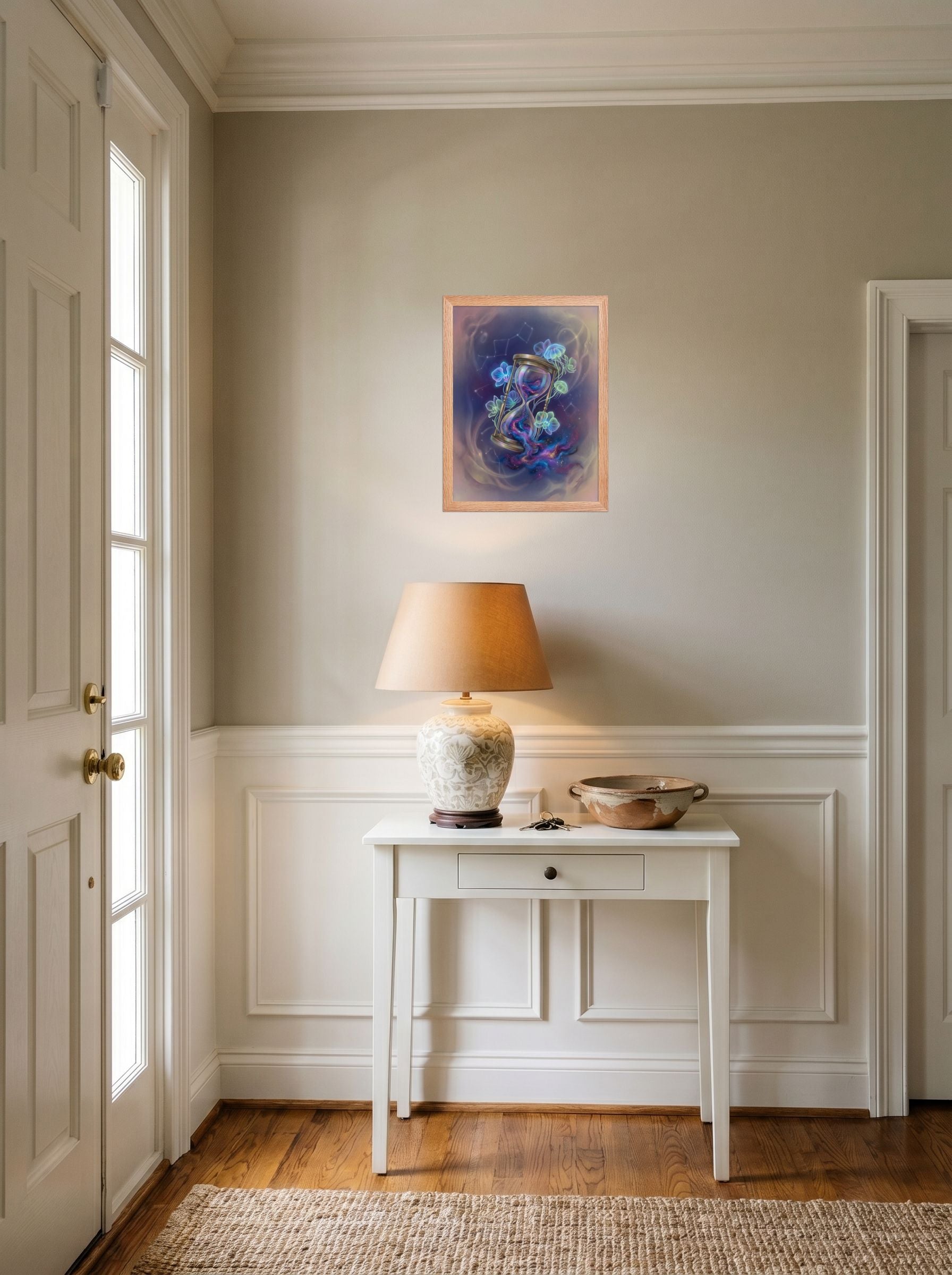 A 12x16 inch redoak framed Magic realism print of 'Sands of the Nebula' hanging in an entryway near a console.