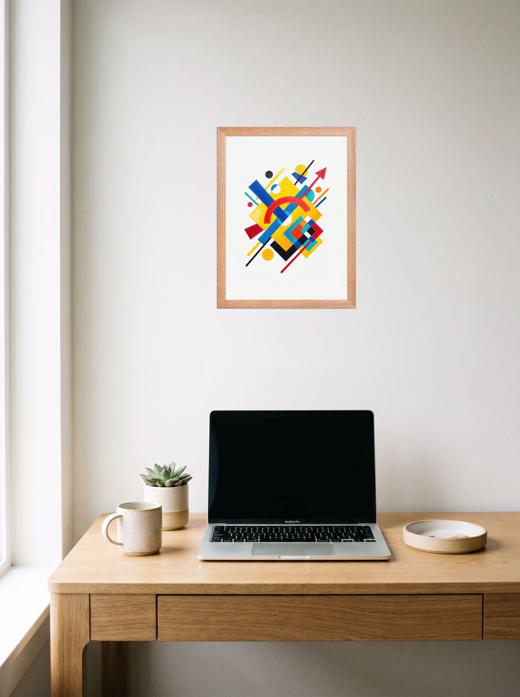 A 12x16 inch redoak framed Suprematism print of 'Directional Energy' hanging above a worktable with a laptop.
