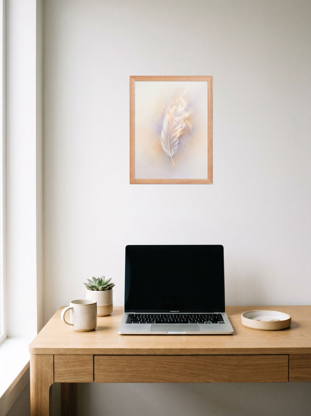A 12x16 inch redoak framed Abstract art print of 'Ethereal Plume' hanging above a worktable with a laptop.