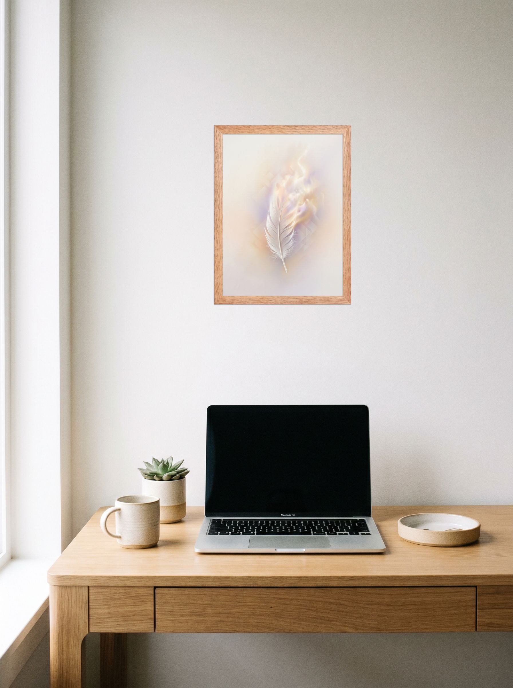 A 12x16 inch redoak framed Abstract art print of 'Ethereal Plume' hanging above a worktable with a laptop.