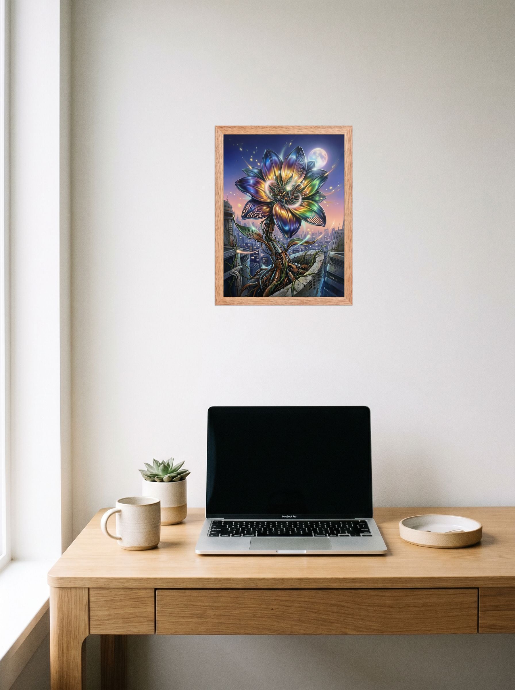 A 12x16 inch redoak framed Digital art print of 'Cybernetic Bloom' hanging above a worktable with a laptop.