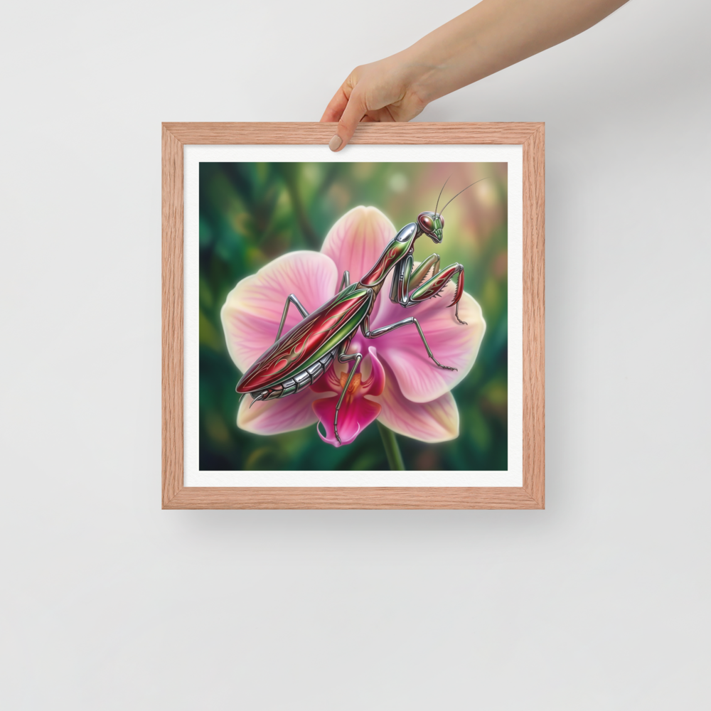 'Chrome Mantis' — a Surrealism print. A vibrant illustration of a metallic praying mantis painted like a hot rod in cherry red and chrome sitting on a pink orchid, perfect for a studio.