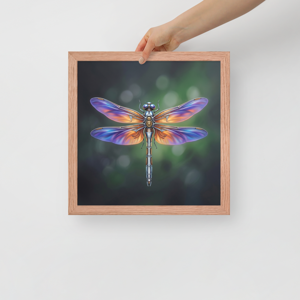 'Gears of the Dragonfly' — a Surrealism print. A highly detailed mechanical dragonfly with glowing purple and orange wings and brass gears on its back, set against a dark green background, perfect for a Living Room.
