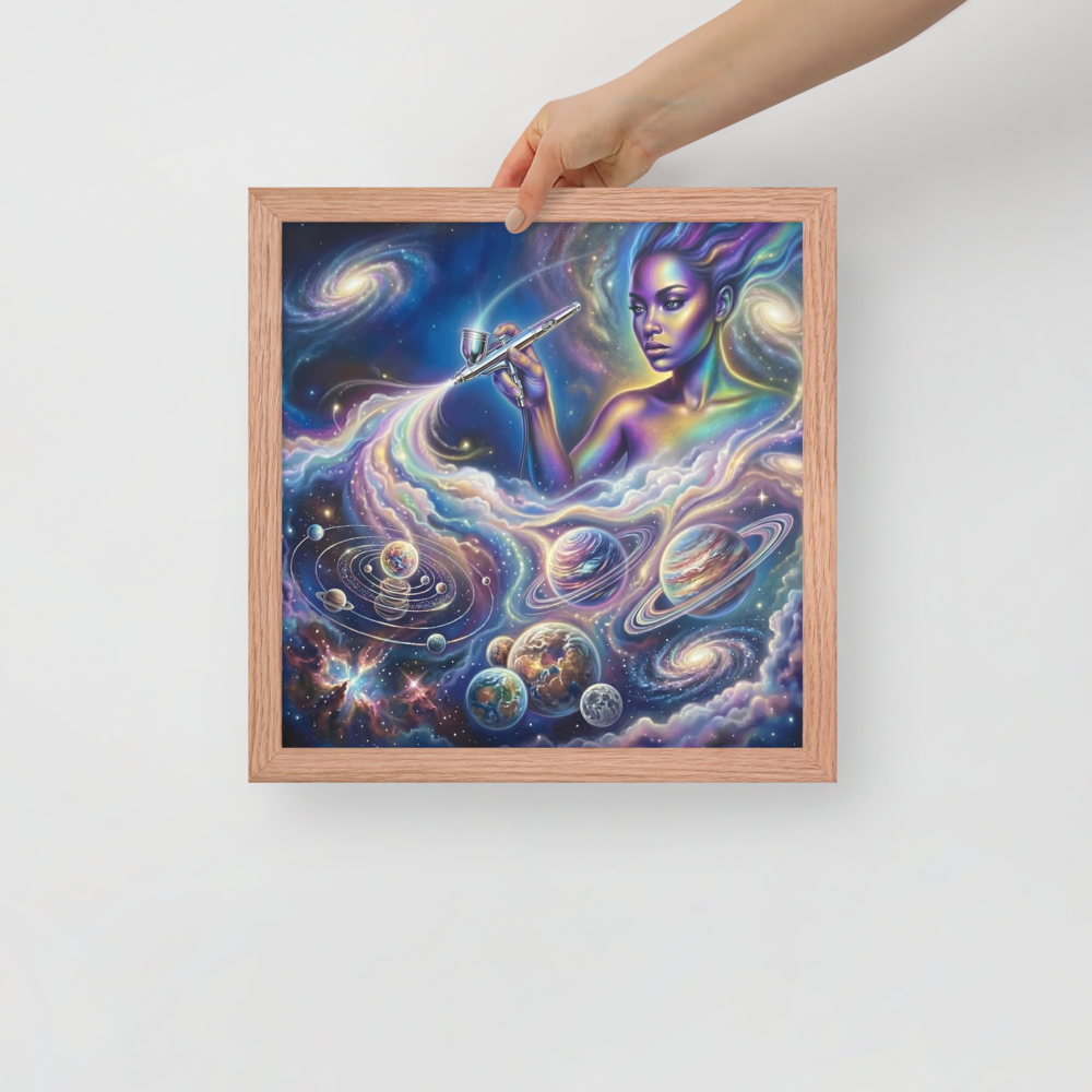'The Cosmic Painter' — a Space art print. A glowing, ethereal woman painting planets and galaxies into a vibrant cosmic sky using an airbrush, a stunning focal point for a Bedroom.