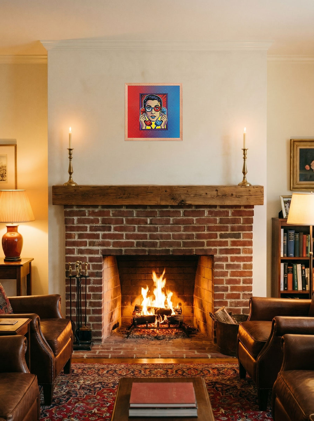 A 14x14 inch redoak framed Pop art print of 'Bipartisan Static' displayed above a fireplace.