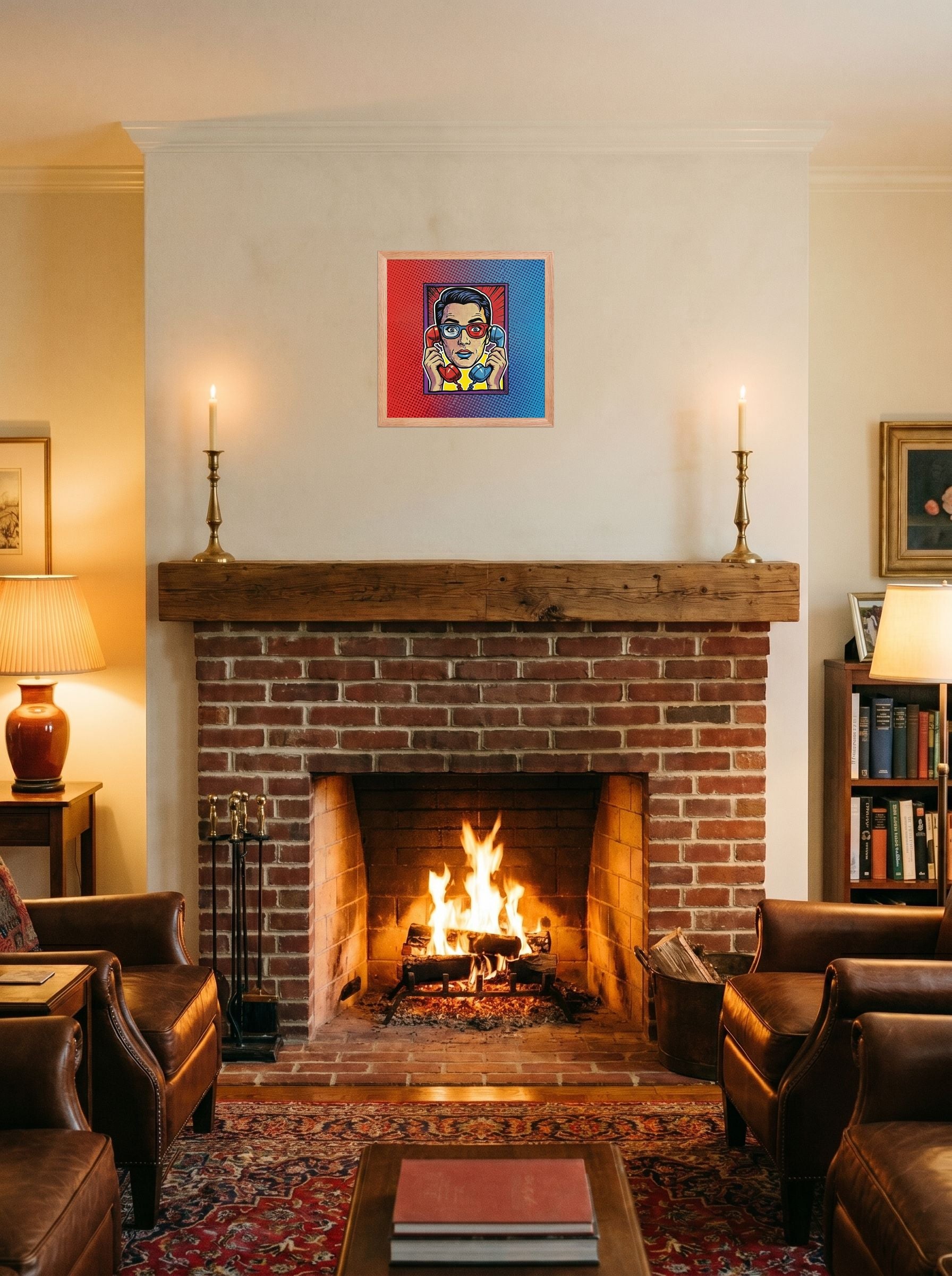 A 14x14 inch redoak framed Pop art print of 'Bipartisan Static' displayed above a fireplace.