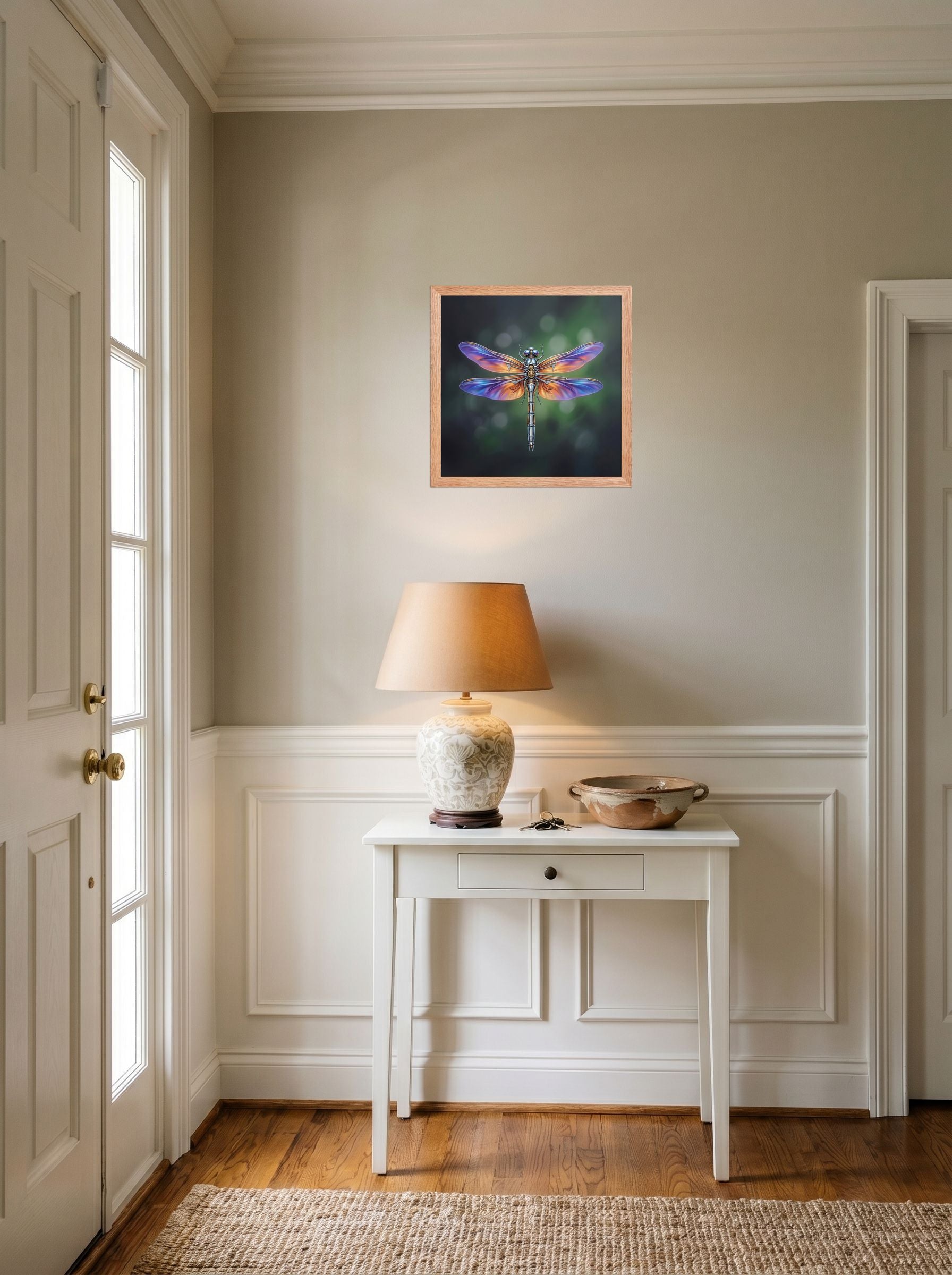 A 14x14 inch redoak framed Surrealism print of 'Gears of the Dragonfly' hanging in an entryway near a console.