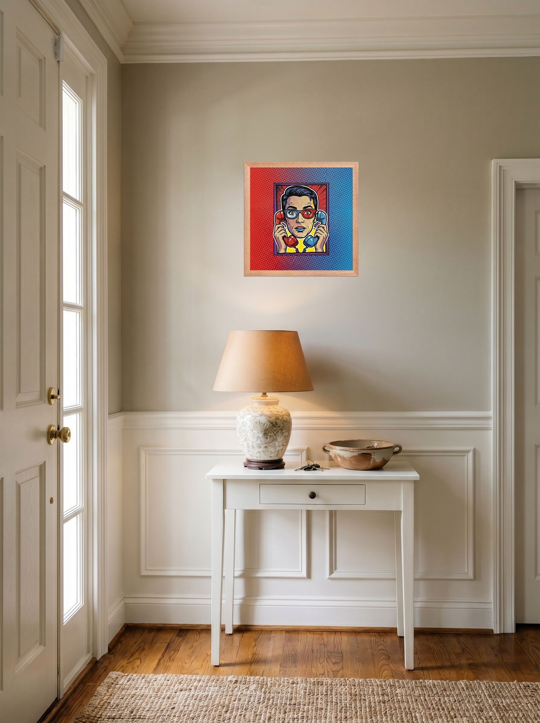 A 14x14 inch redoak framed Pop art print of 'Bipartisan Static' hanging in an entryway near a console.