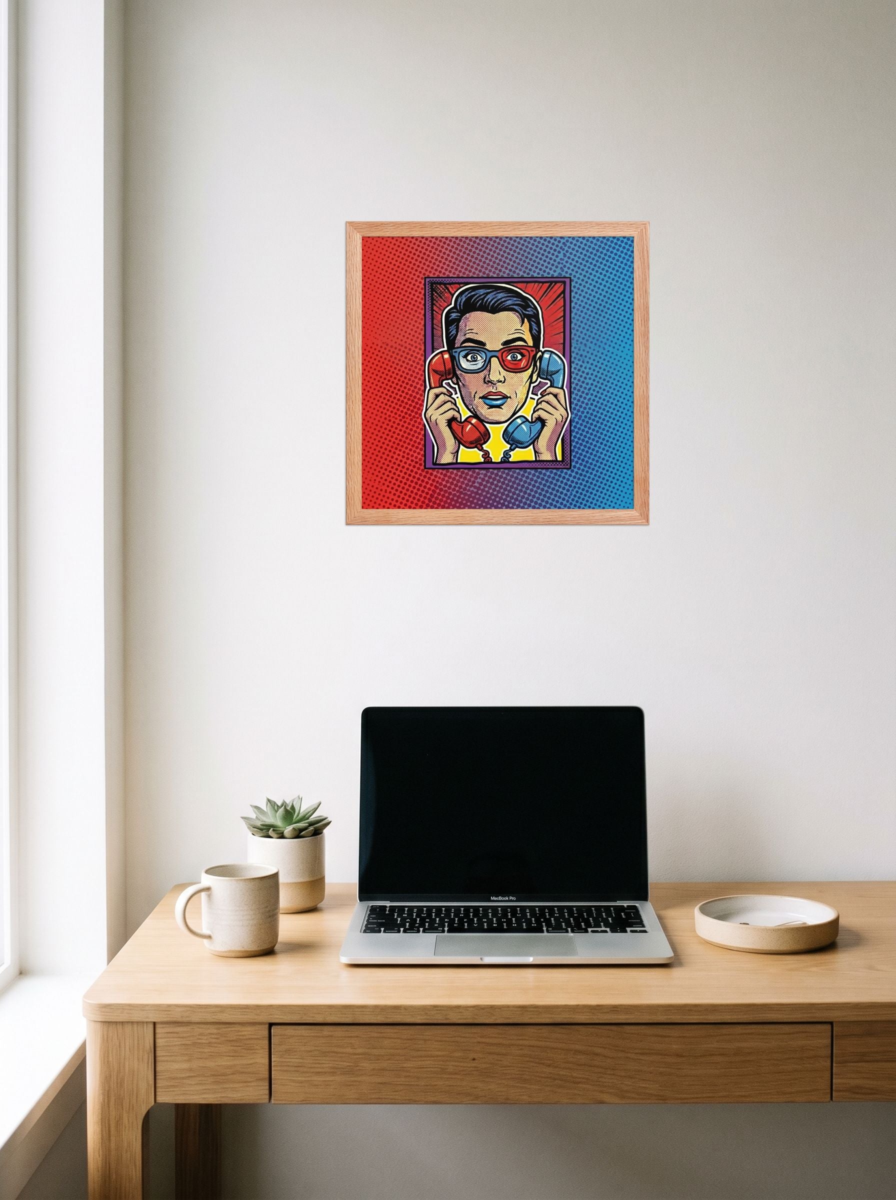 A 14x14 inch redoak framed Pop art print of 'Bipartisan Static' hanging above a worktable with a laptop.