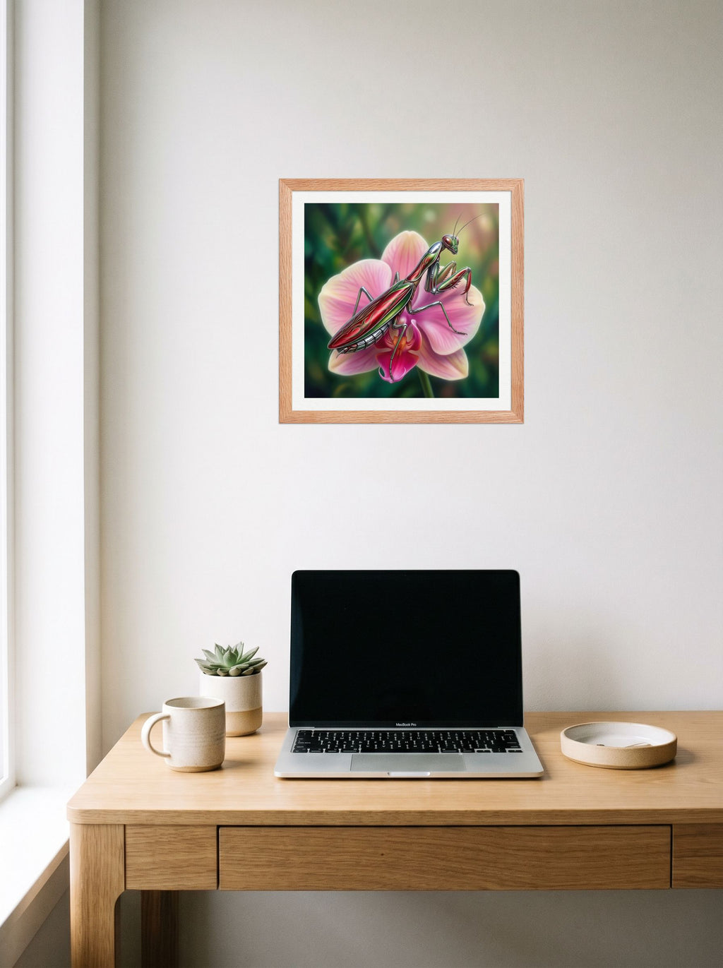 A 14x14 inch redoak framed Surrealism print of 'Chrome Mantis' hanging above a worktable with a laptop.