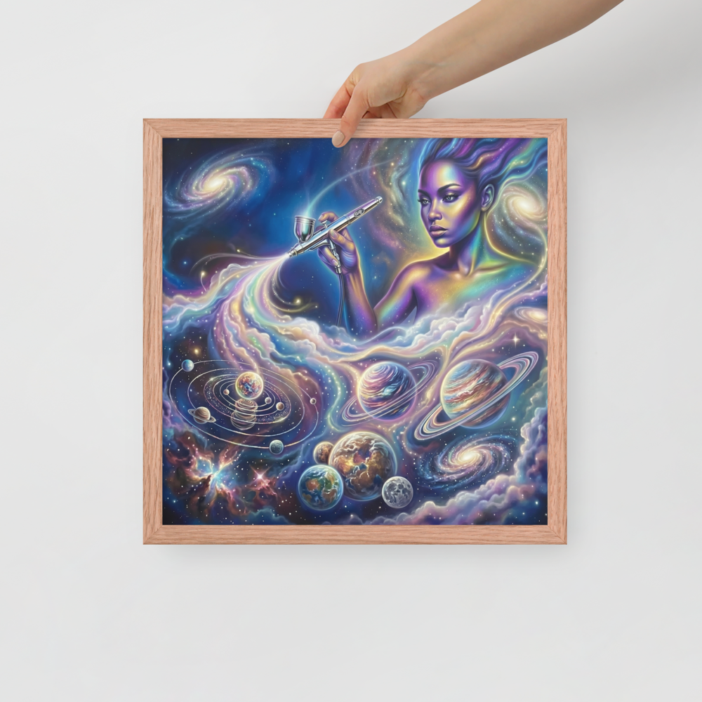 'The Cosmic Painter' — a Space art print. A glowing, ethereal woman painting planets and galaxies into a vibrant cosmic sky using an airbrush, a stunning focal point for a Bedroom.