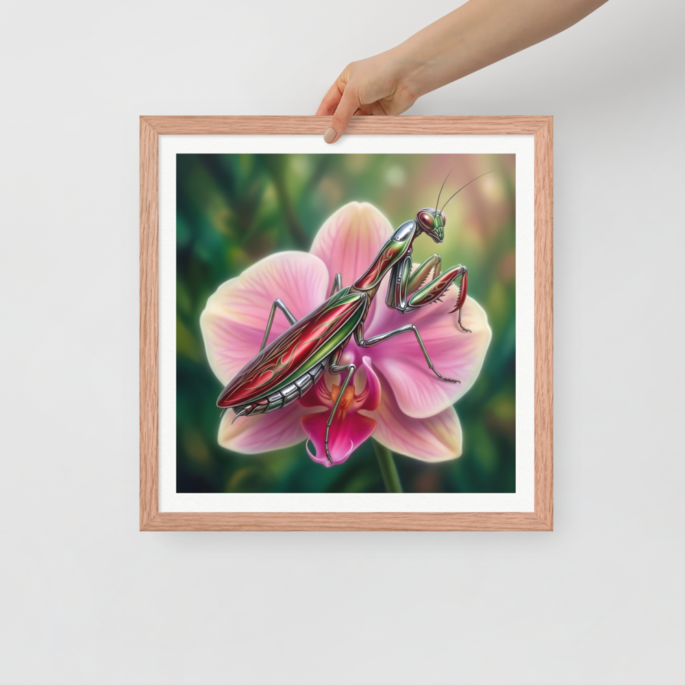 'Chrome Mantis' — a Surrealism print. A vibrant illustration of a metallic praying mantis painted like a hot rod in cherry red and chrome sitting on a pink orchid, perfect for a studio.