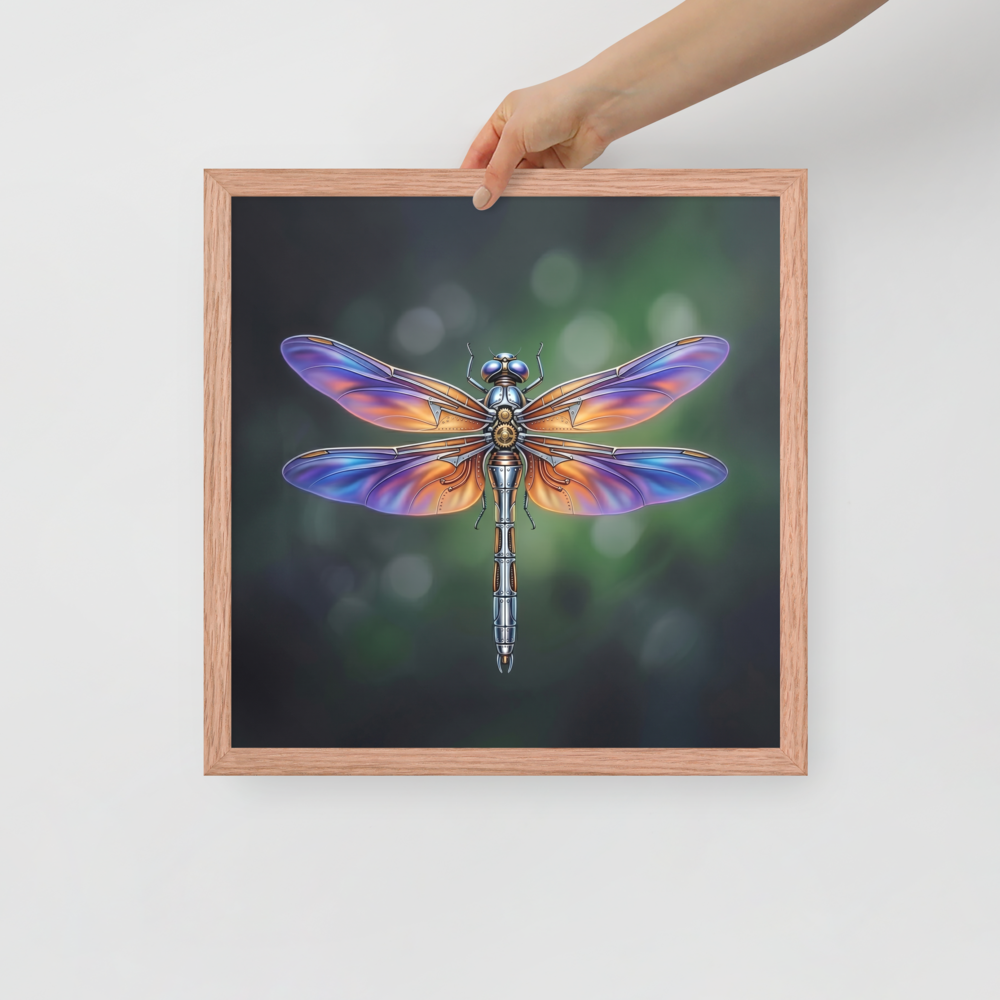 'Gears of the Dragonfly' — a Surrealism print. A highly detailed mechanical dragonfly with glowing purple and orange wings and brass gears on its back, set against a dark green background, perfect for a Living Room.