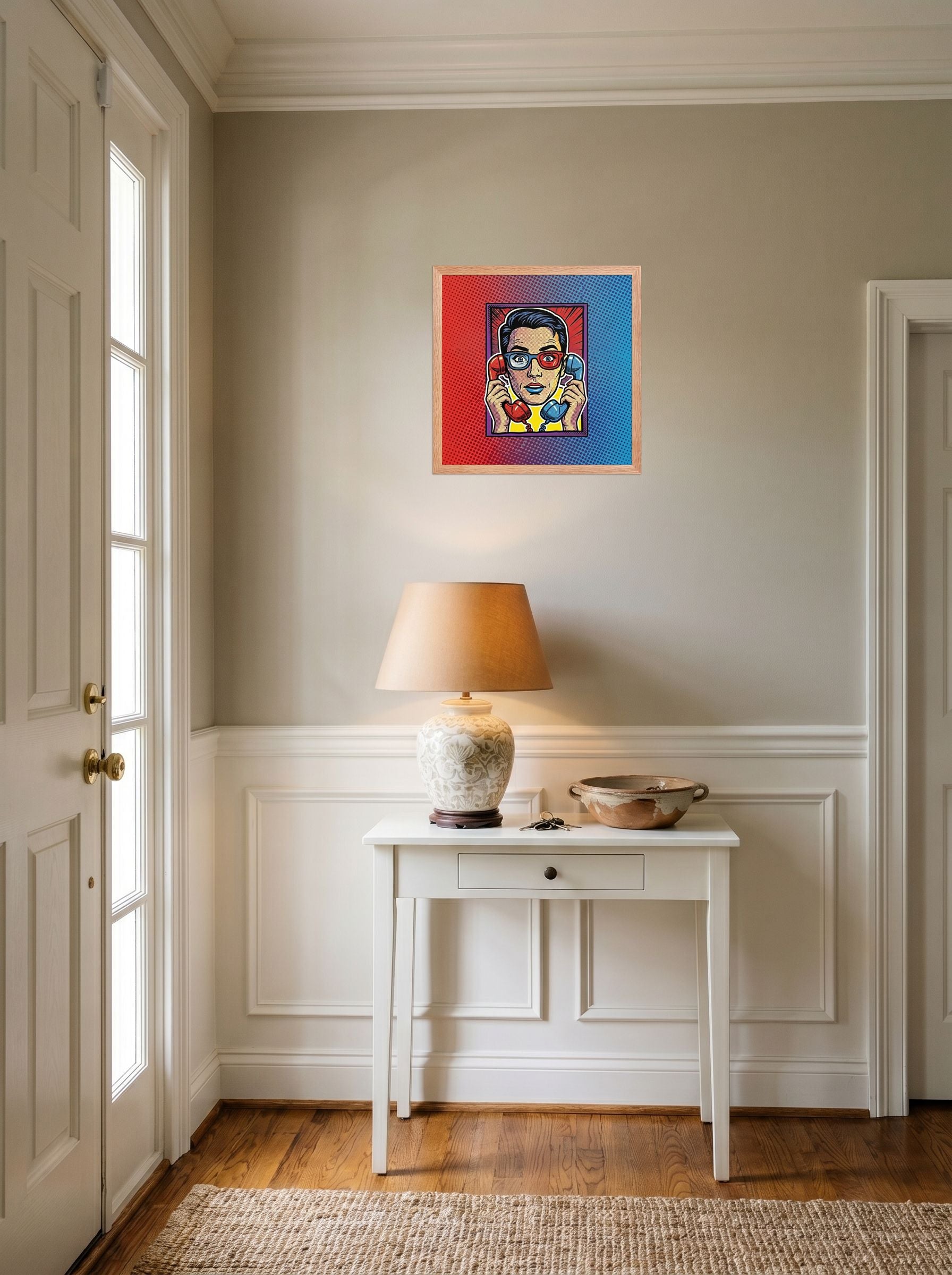 A 16x16 inch redoak framed Pop art print of 'Bipartisan Static' hanging in an entryway near a console.